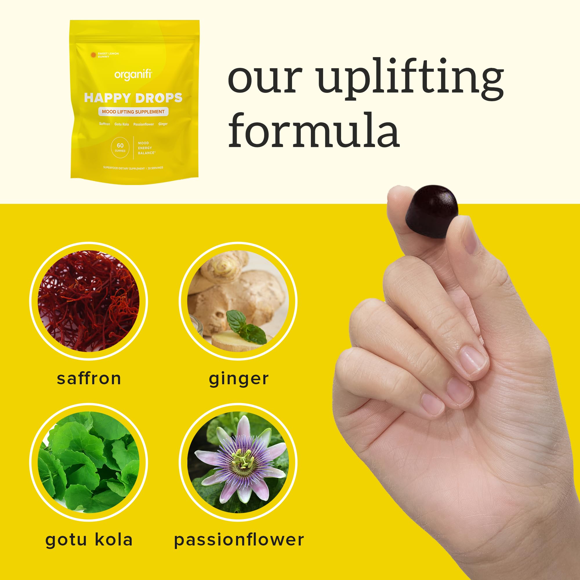 Organifi Happy Drops - Daily Superfood Happy Gummies for Adults - Mood Support Supplement for Balance, Bliss, Energy and Taking The Edge Off - Sweet Lemon Flavor - 60 Gummies