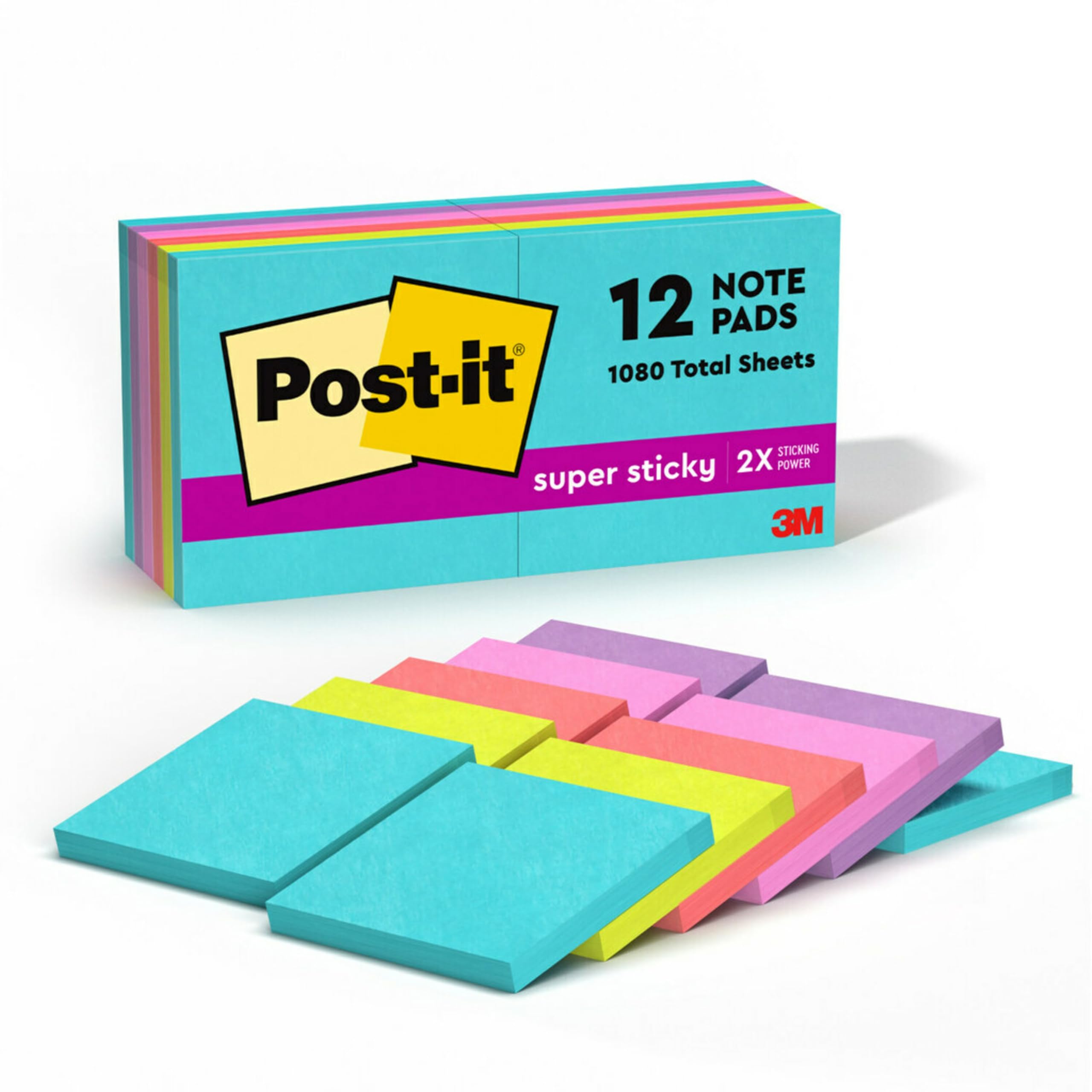 Post-it Super Sticky Notes, 12 Sticky Note Pads, 3 x 3 in., School Supplies, Office Products, Sticky Notes for Vertical Surfaces, Monitors, Walls and Windows, Supernova Neons Collection