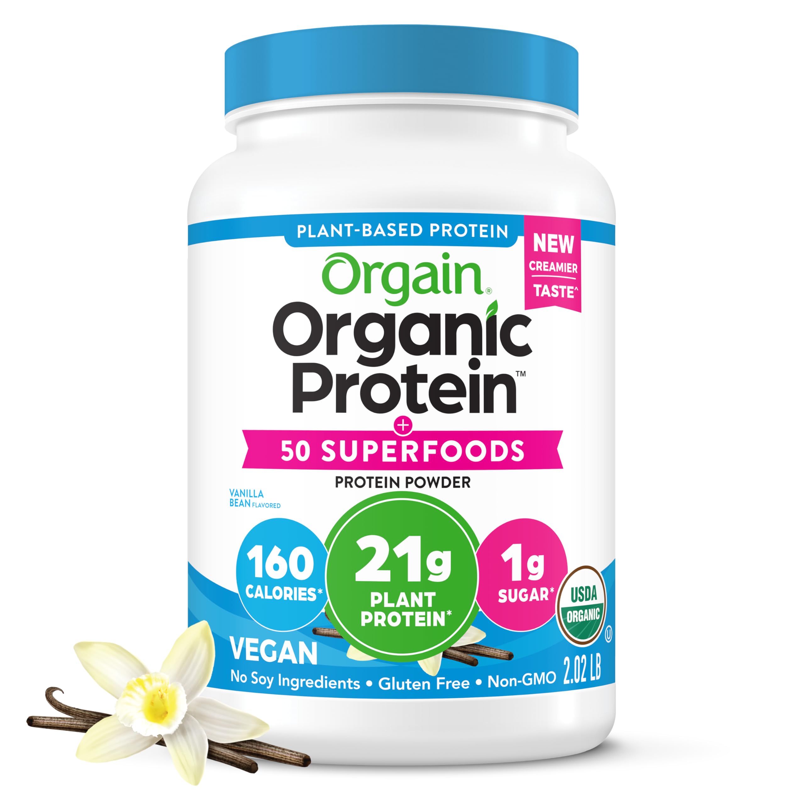 Orgain Organic Vegan Protein + 50 Superfoods Powder, Vanilla Bean - 21g Plant Based Protein, 8g Prebiotic Fiber, No Lactose Ingredients, Gluten Free, Non-GMO, 2.02 lb (Packaging May Vary)