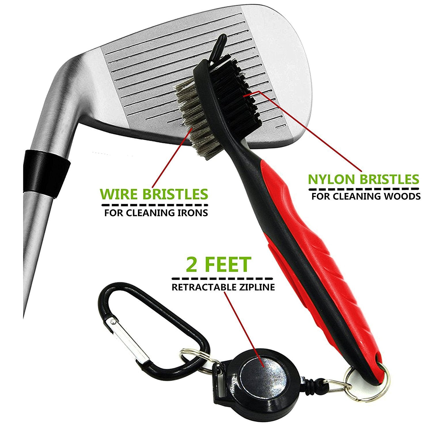 Yoport Golf Club Brush and Club Groove Cleaner 2 Ft Retractable Zip-line Aluminum Carabiner, Lightweight and Stylish, Ergonomic Design, Easily Attaches to Golf Bag(Red)