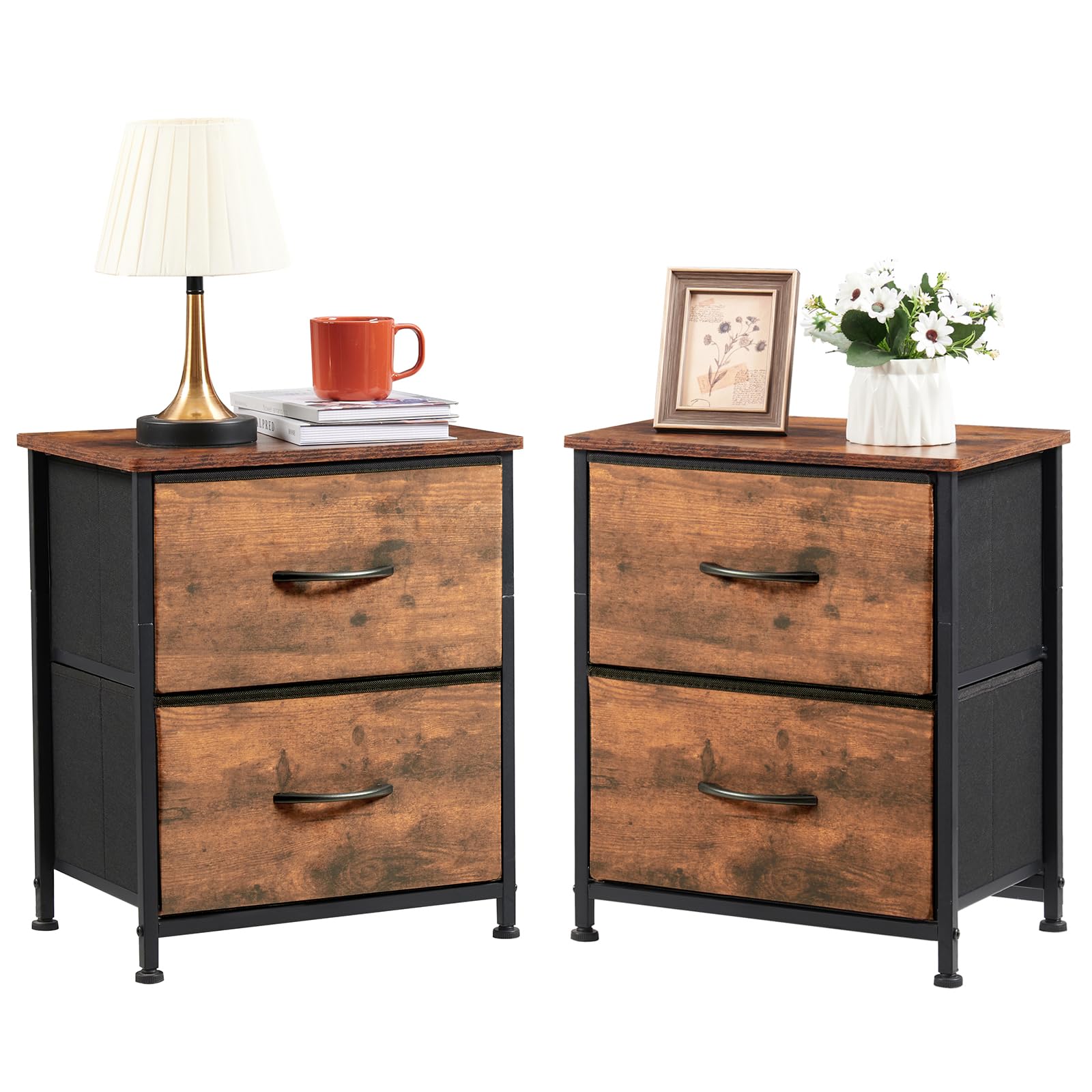 Somdot Nightstand Set of 2, Small Dresser for Bedroom with 2 Drawers, Bedside Table Night Stand End Table with Fabric Bins for Bedroom Kids Closet Dorm Guest Room, Wood Grain Print