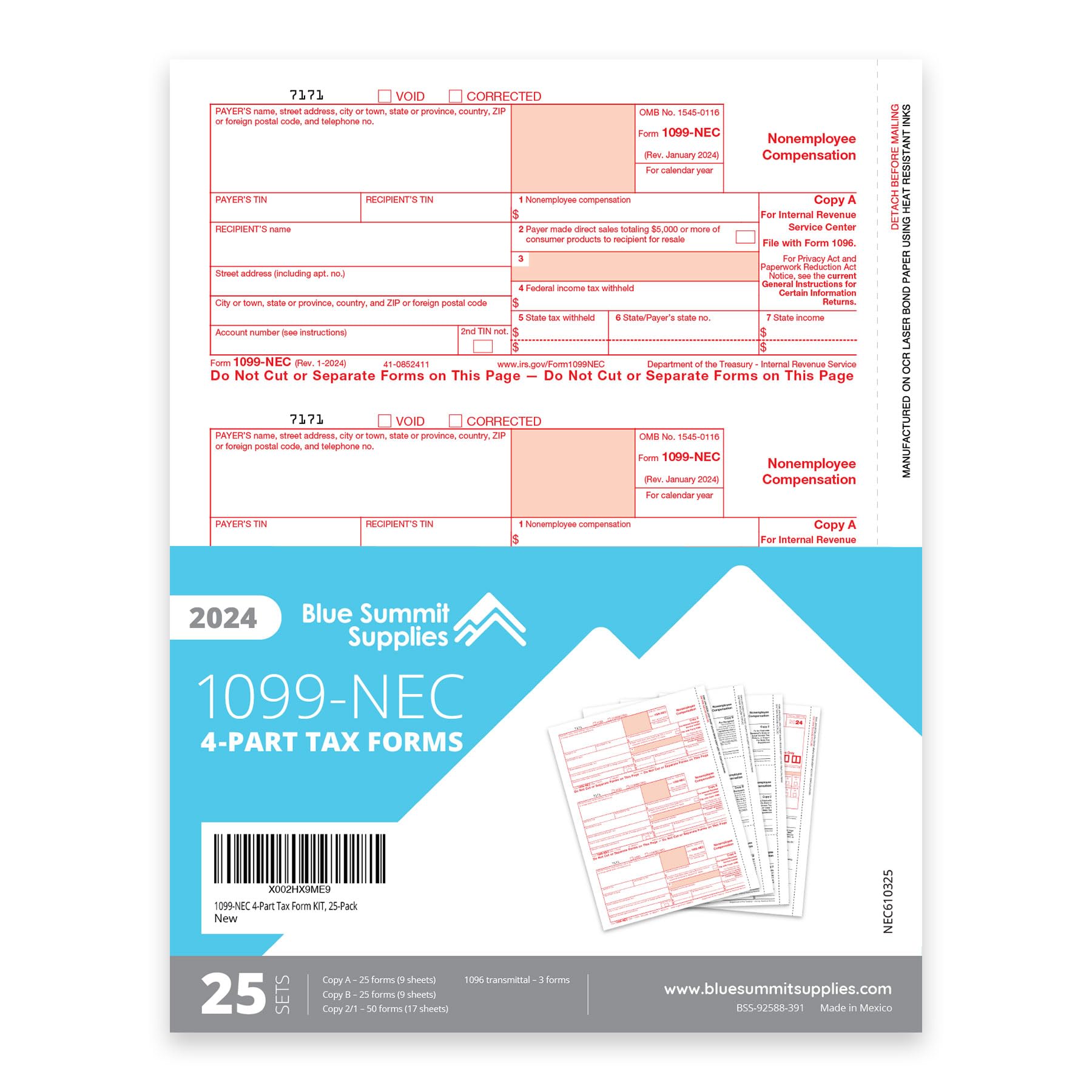 Blue Summit Supplies 1099-NEC 4-Part Tax Form Kit, 2024, Intended for QuickBooks and Accounting Software, 25 Pack, Software and Envelopes NOT Included