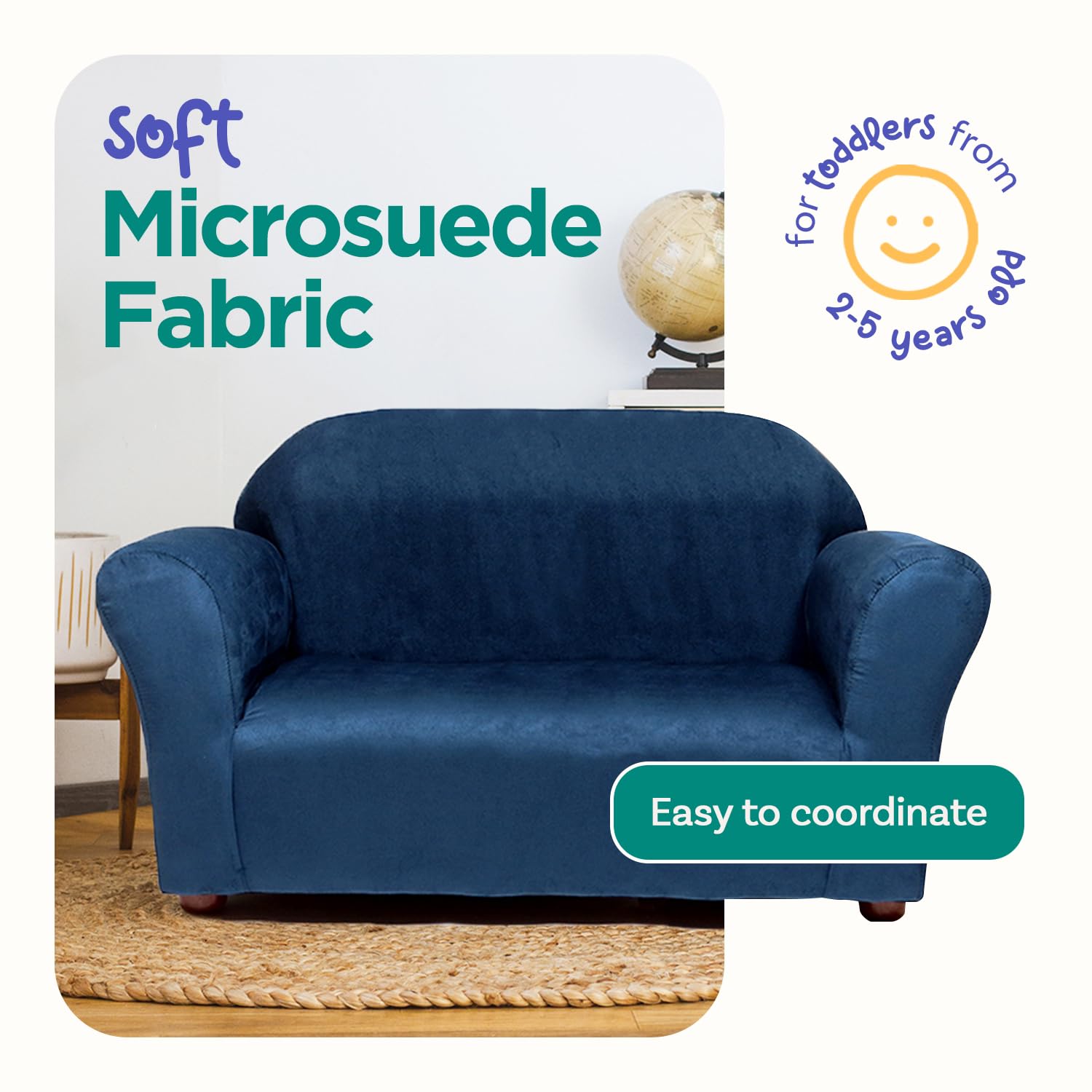 Roundy Children’s Sofa – Durable Wooden Frame, Soft Microsuede Upholstery, Ergonomic & Padded Seat, Comfortable Toddler Couch for Ages 2–5, Ideal for Bedrooms, Playrooms & Daycares.