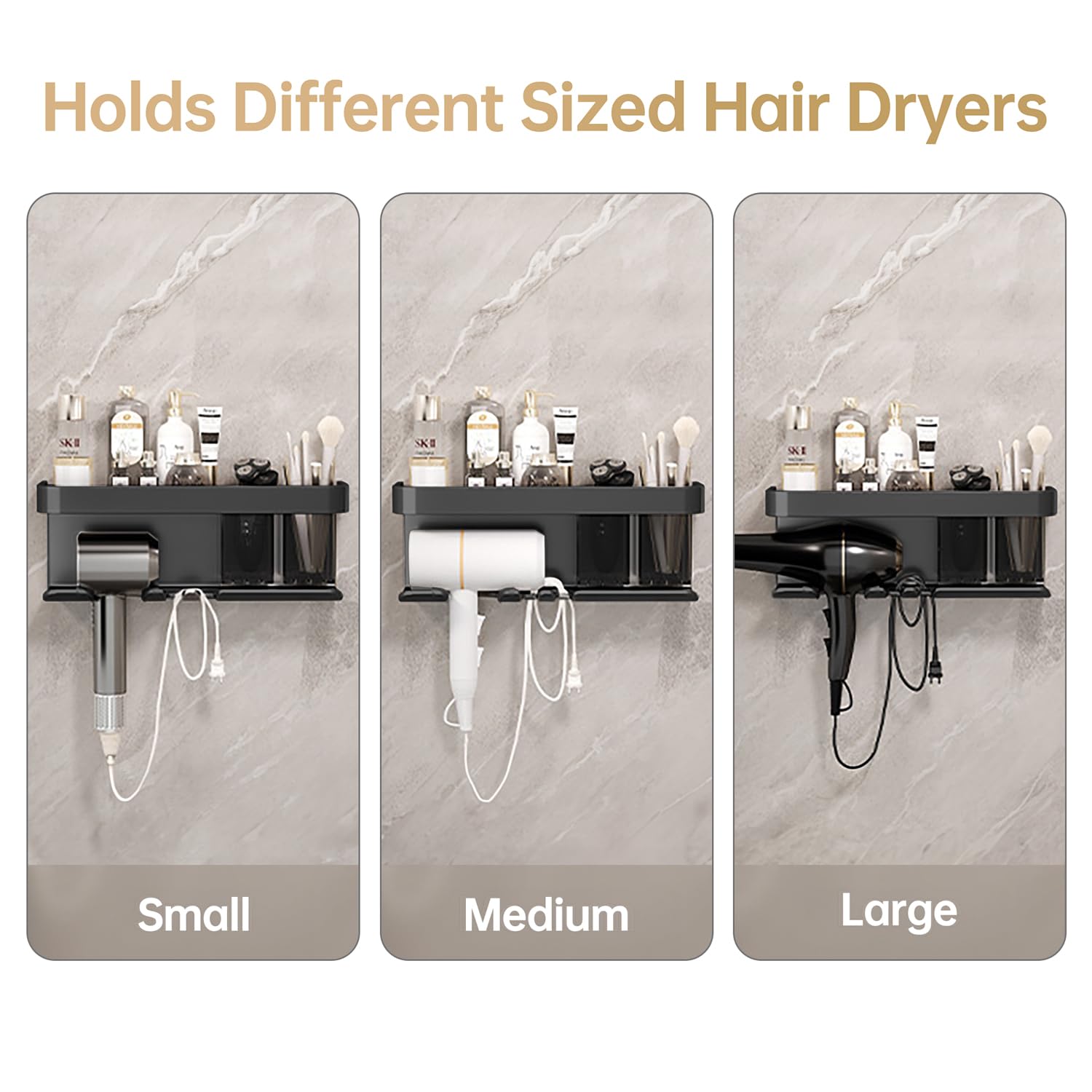 Boomersun Hair Dryer Holder, Blow Dryer Organizer, Hair Dryer Holder Wall Mounted with Shelf for Bathroom, Salon, Bedroom Organizers & Storage(Matte Black)
