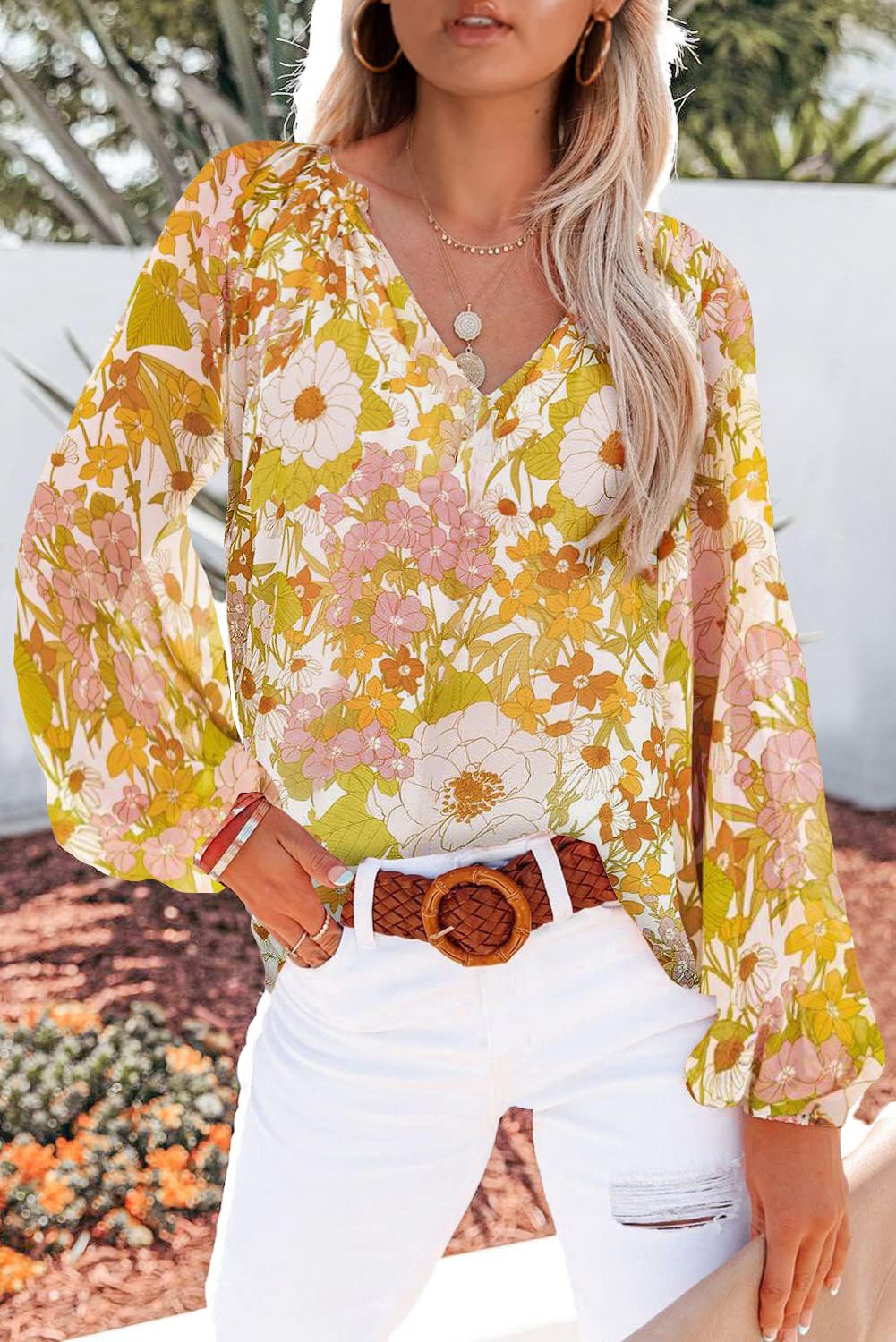 BTFBM Women Casual Boho Blouse Fashion Floral Shirts V Neck Long Puff Sleeve Lightweight Chiffon Spring Summer Tops 2024(Floral Yellow, Small)