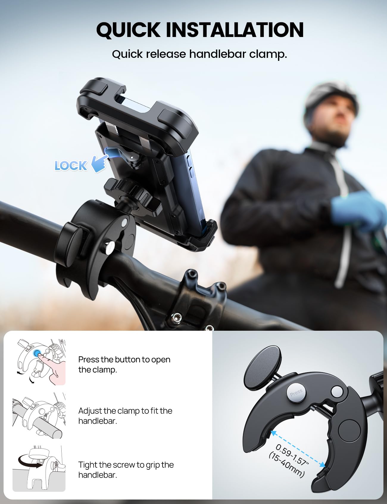 Lamicall Motorcycle Phone Mount, Bike Phone Holder - Upgrade Quick Install Handlebar Clip for Bicycle Scooter, Cell Phone Clamp for iPhone 16 15 Pro Max/ 14/13, Galaxy S10 and More 4.7-6.8" Phone