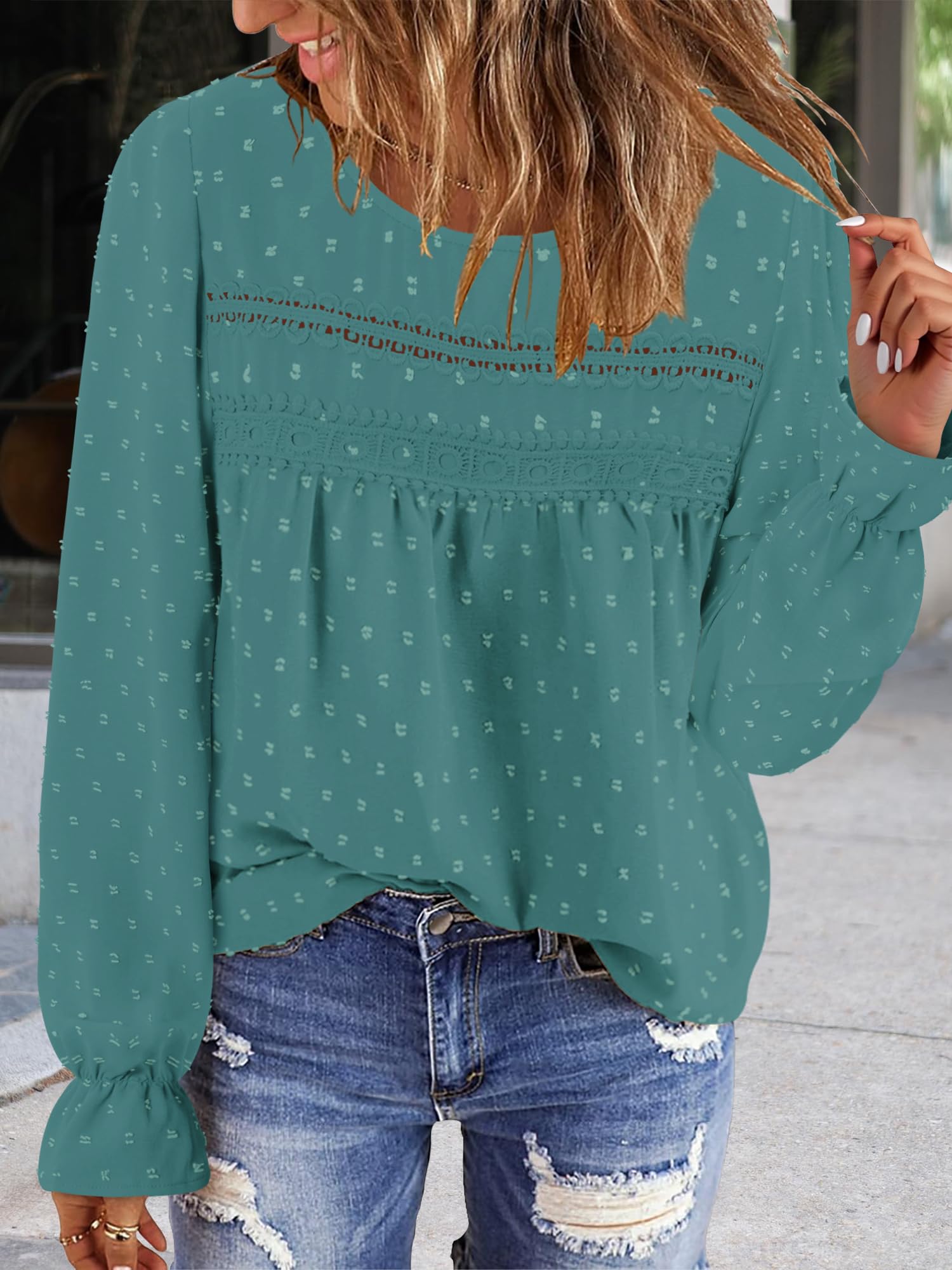 BETTE BOUTIK Shirts Womens Boho Long Sleeve Fall Chiffon Blouses Dressy Casual Flowy Loose Cute Spring Tops Crew Neck Babydoll Western Crochet Shirt Agate Green L