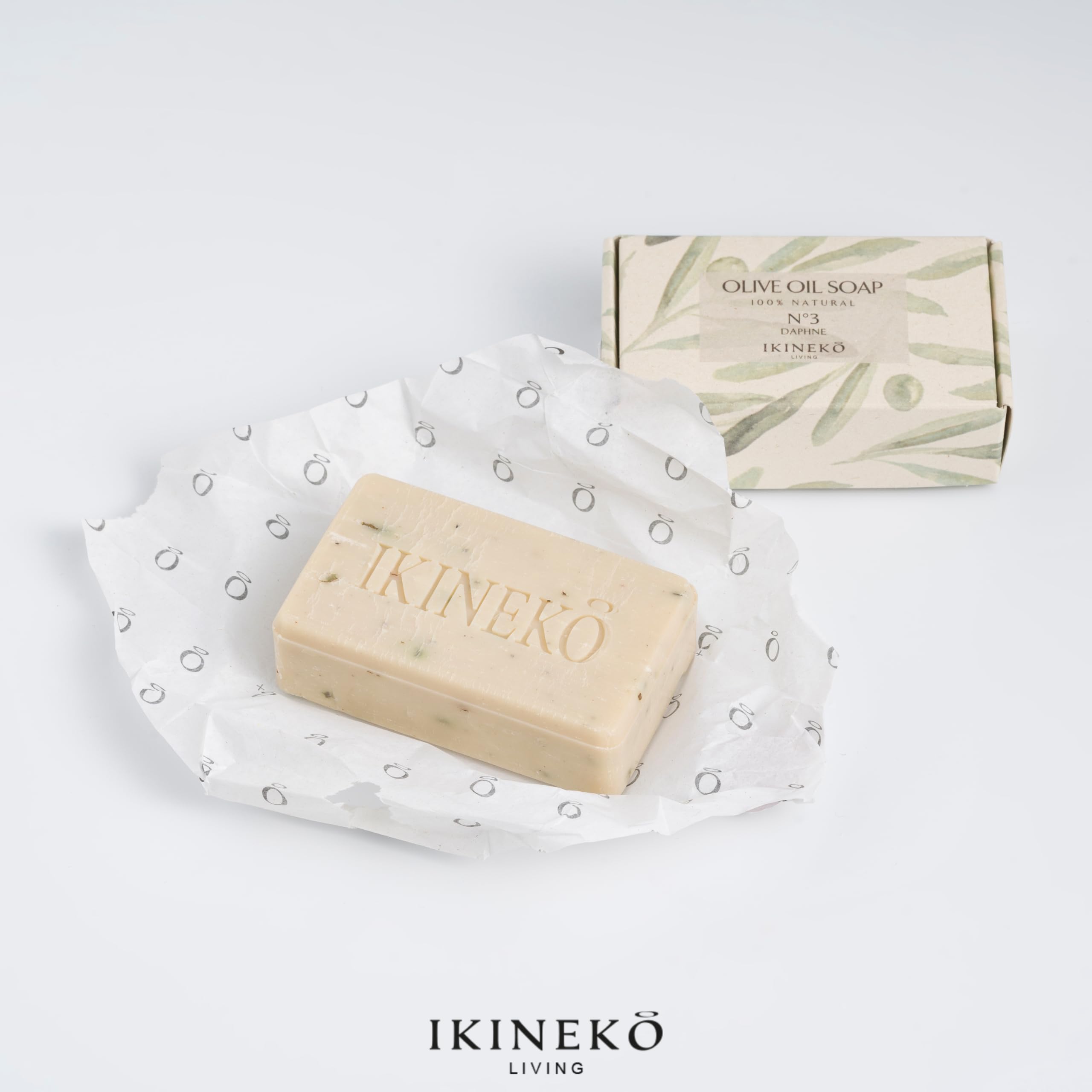 IKINEKO No3 Pure Olive Oil Soap Bar - Plant Based Natural Ingredients - For All Skin Types - Handmade - Daphne Scented - 125gr