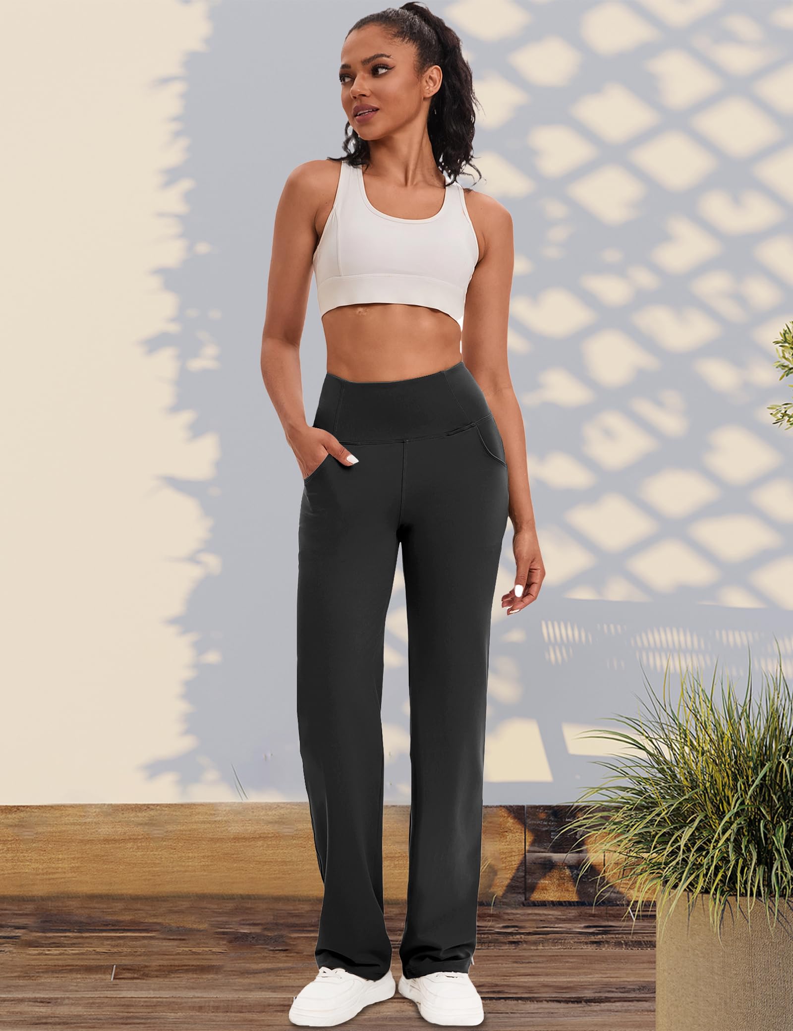 VOOVEEYA Yoga Pants Women with Pockets, Straight Wide Leg Pants High Waisted Work Dress Pants Petite/Regular/Tall (Black-L)