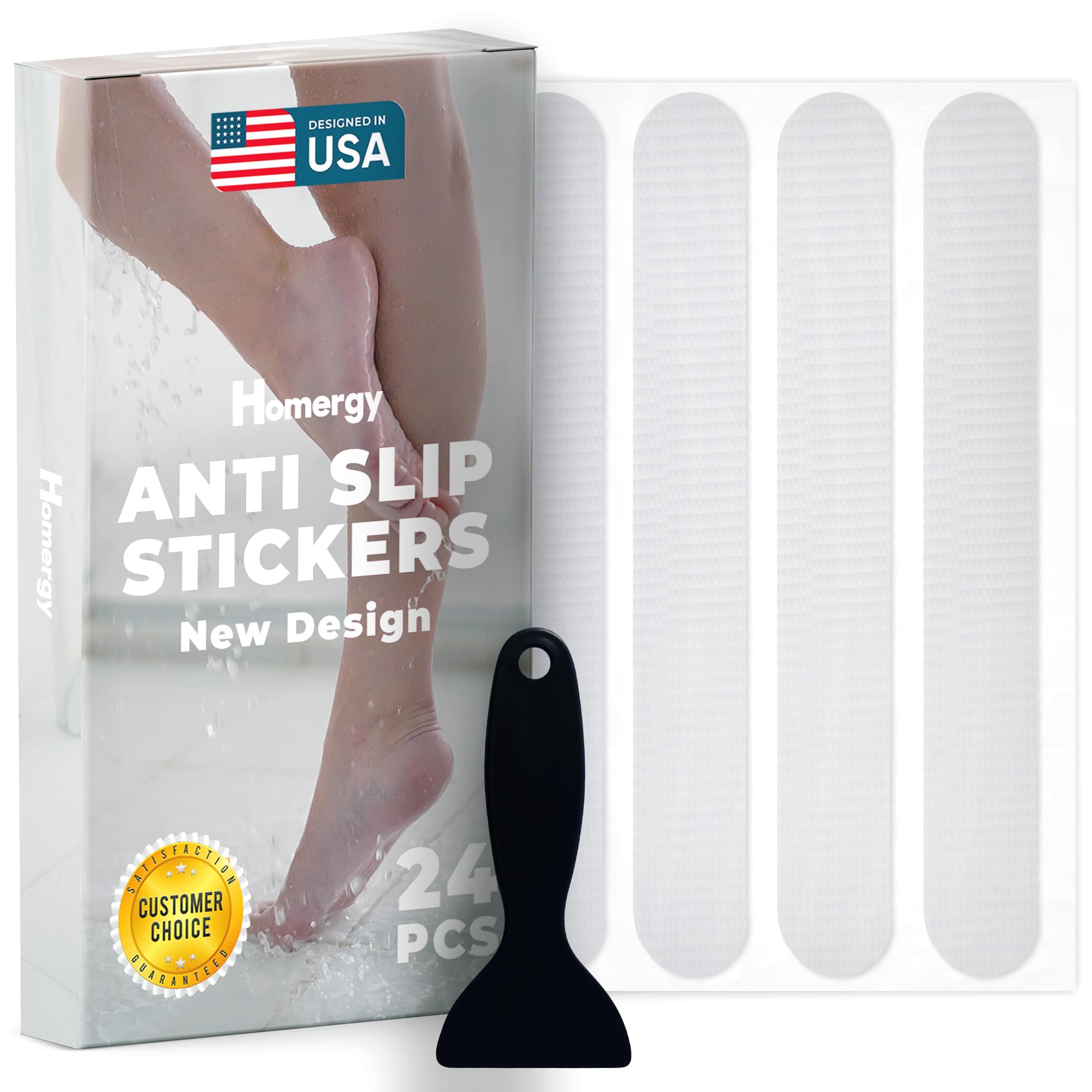 Anti-Slip Shower Stickers - Help Reduce Slipping in Bathtub & Shower, Clear Non-Slip Bath Strips, Strong Adhesive Bathtub Appliques Suitable for Homes with Kids, Adults & Seniors - 24 Pcs - Homergy