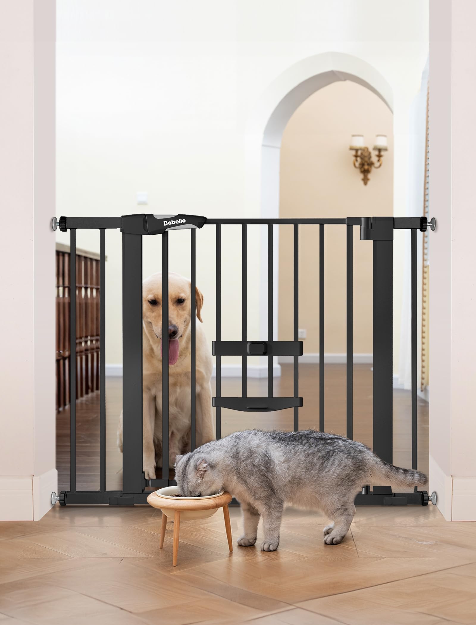 BABELIO New Version Baby Gate with Cat Door Adjustable, 29-40" Metal Dog Gate for Stairs & Doorways, Pressure Mounted Safety Gate with Pet Door, NO Tools Needed, Black