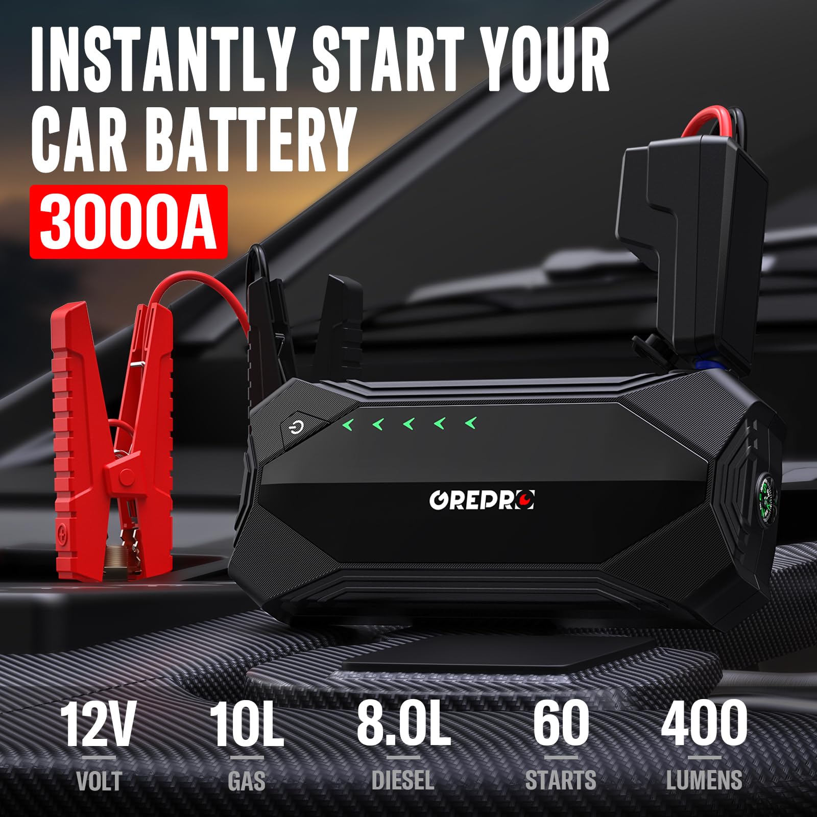 GREPRO Car Jump Starter, 3000A Car Battery Jump Starter Battery Pack (10L Gas & 8.0L Diesel Engines), 12V Battery Booster, Jump Box with Jumper Cables, Car Battery Jumper with LED Light