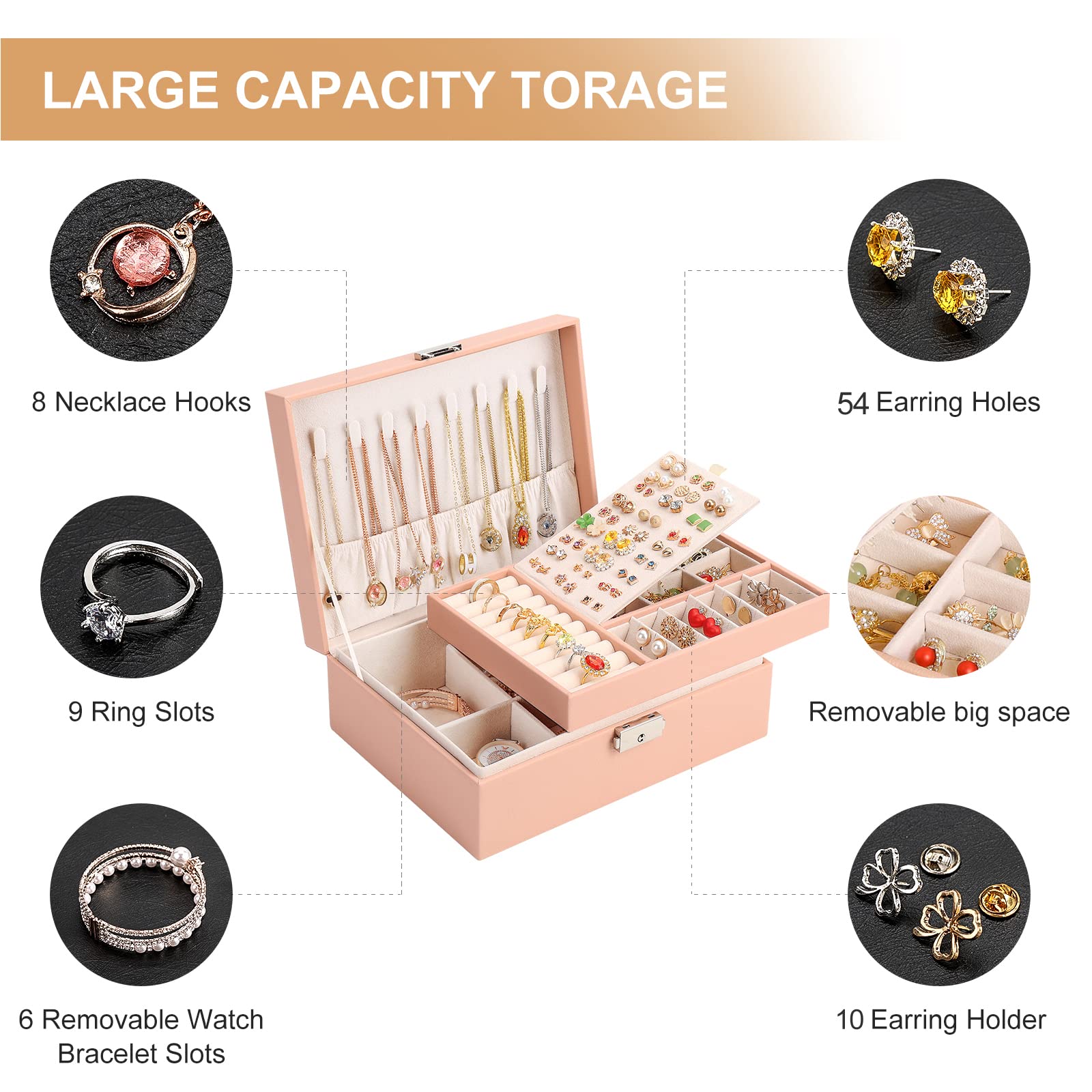 Jewelry Organizer Box, Leather Jewelry Box for Girls Gift Earring Organizer with Lock Double Layers Jewelry Case Removable Tray for Necklace Earring Ring with Polishing Cloth and Jewelry Bags