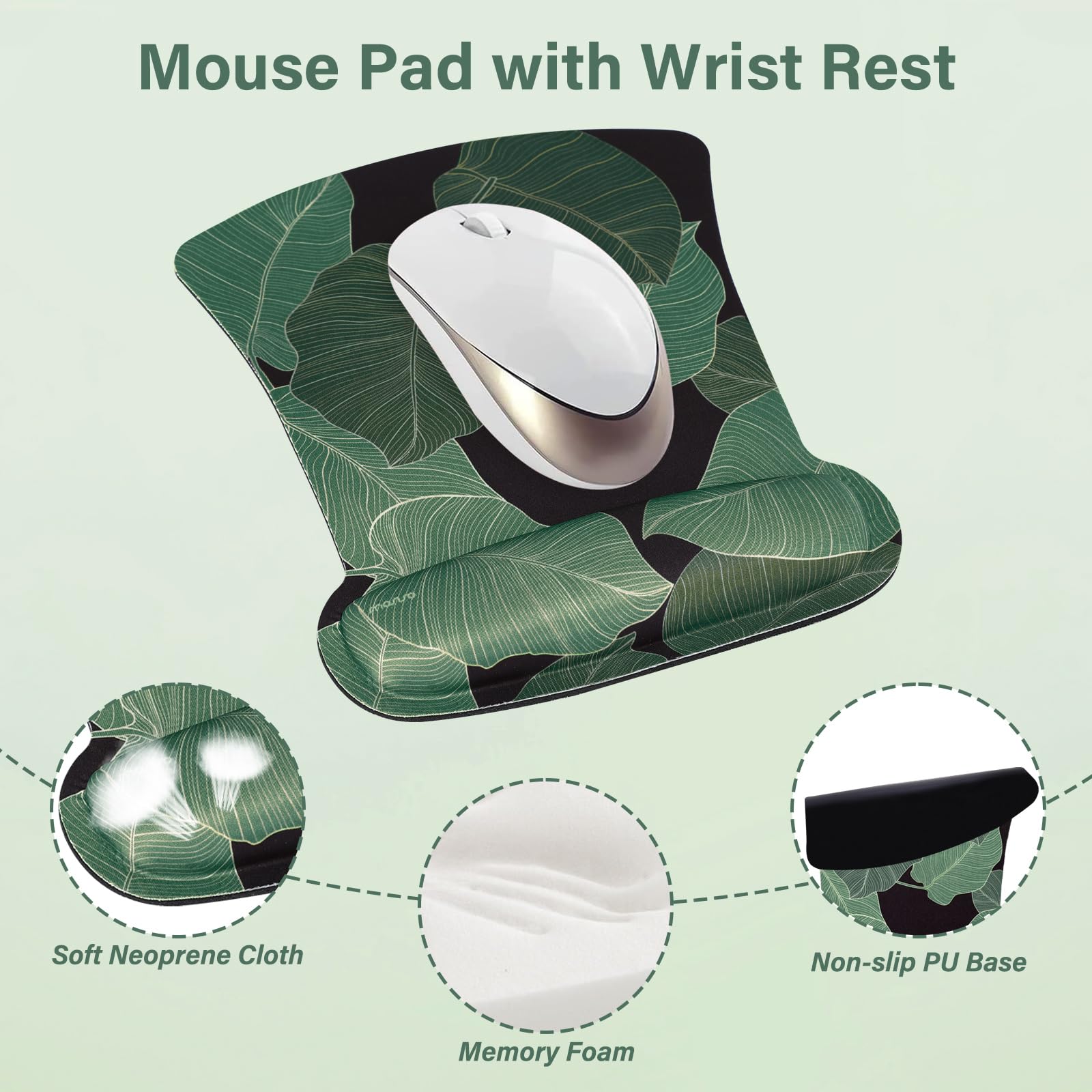 MOSISO Keyboard Mouse Pad Set,Large Gaming Mouse Pad&Keyboard Wrist Rest&Mouse Wrist Rest&Coaster,Ergonomic Non-Slip Leaf Mousepad with Raised Memory Foam for Home Office, Tropical Palm Leaves