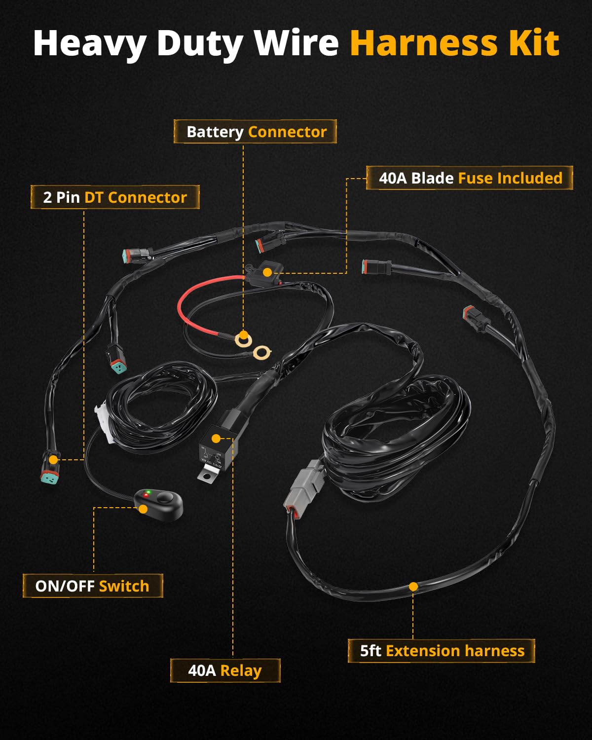 Auxbeam Led Pods Led Offroad Light Wiring Harness Kit 6 Leads, On Off Waterproof Switch Heavy Duty 12V Power Relay, Extension Wiring Harness 40A Blade Fuse 2PIN DT Plug