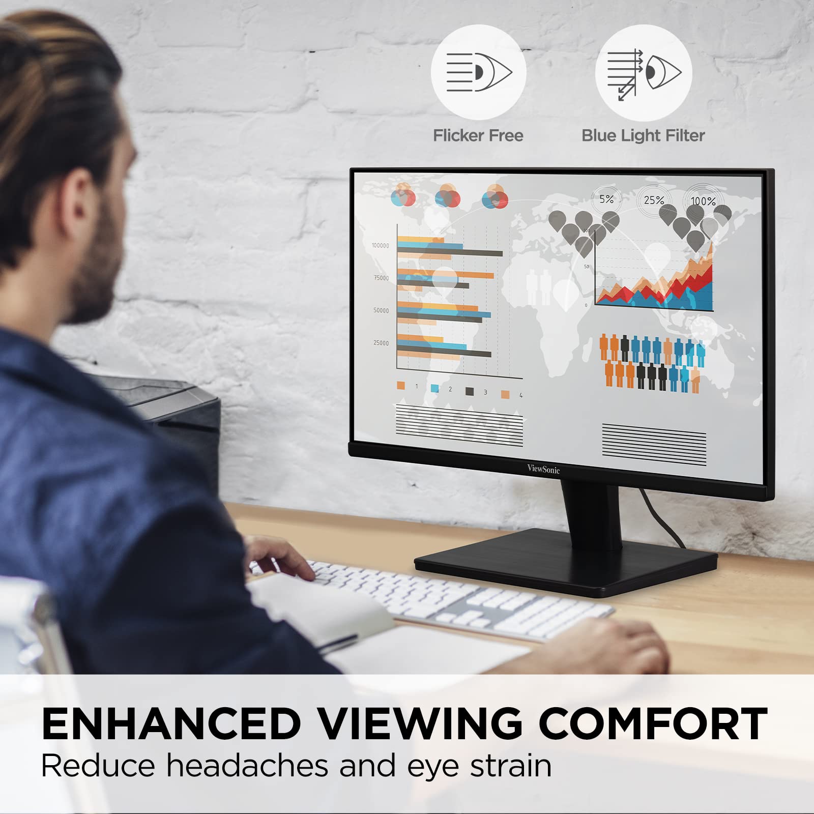 ViewSonic VS2447M 24 Inch 1080p Monitor with 75Hz, AMD FreeSync, Thin Bezels, Eye Care, HDMI, VGA Inputs for Gaming and Home Office,Black