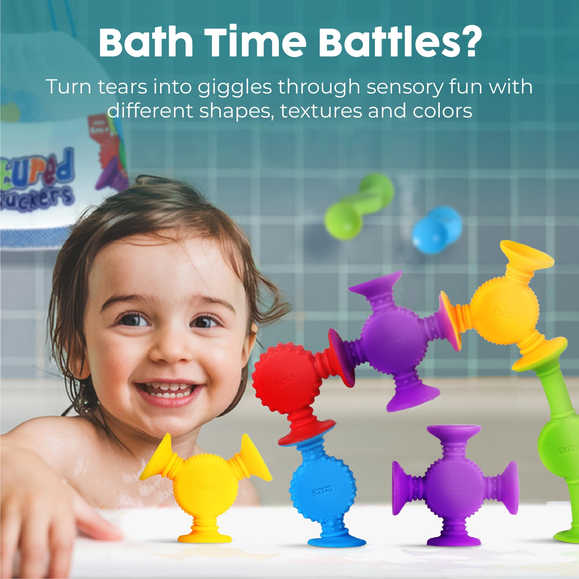 BUNMO Stocking Stuffers for Kids - Toddler Suction Bath Toys - Connect, Build, Create - Toddler Stocking Stuffers - Fine Motor Skills - Stimulating Sensory Fun - Textured 10 Pack