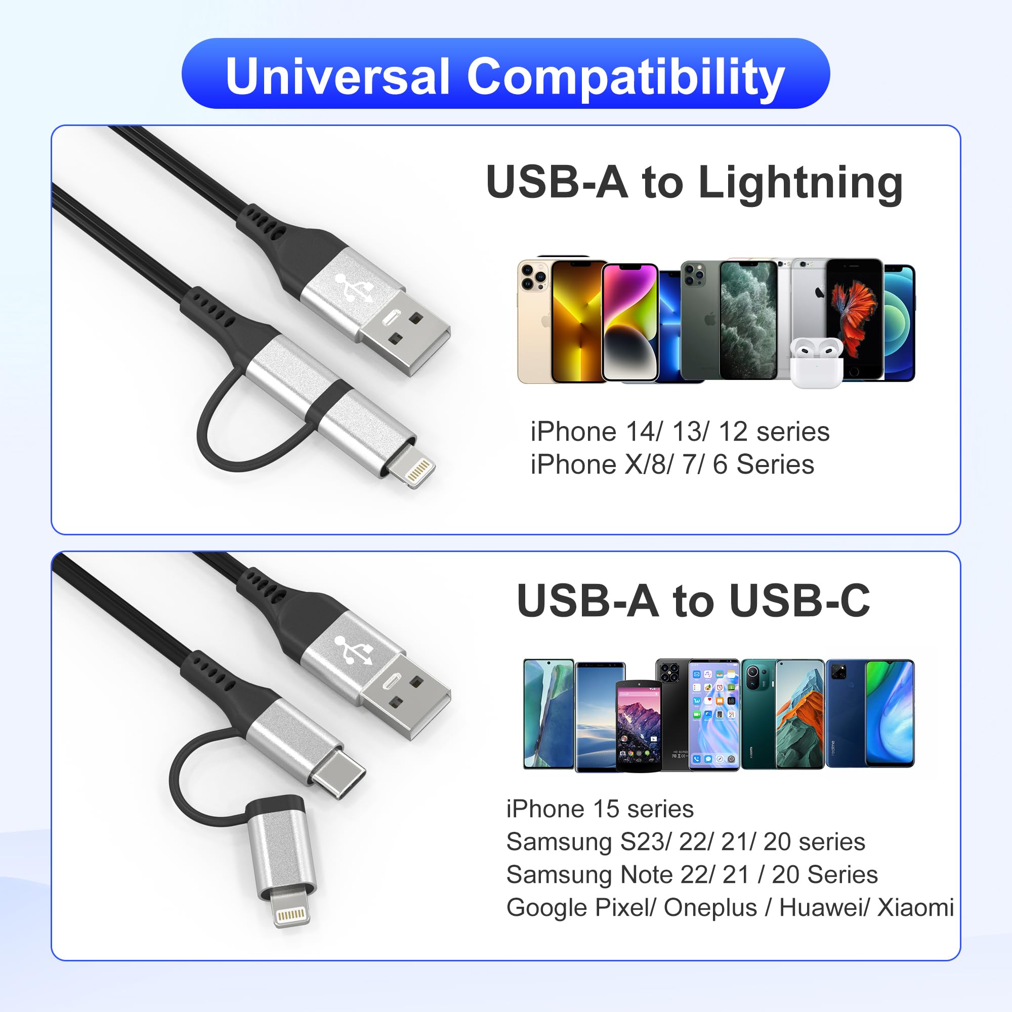 USB to USB-C and Lightning Cable 2 in 1 Coiled Cable Aple Carplay & Android Auto Compatible [MFi & 3A Fast Charge & Data Sync] Coiled Lightning and USB C Cable for iPhone 16/15/14/13/Android, Silver