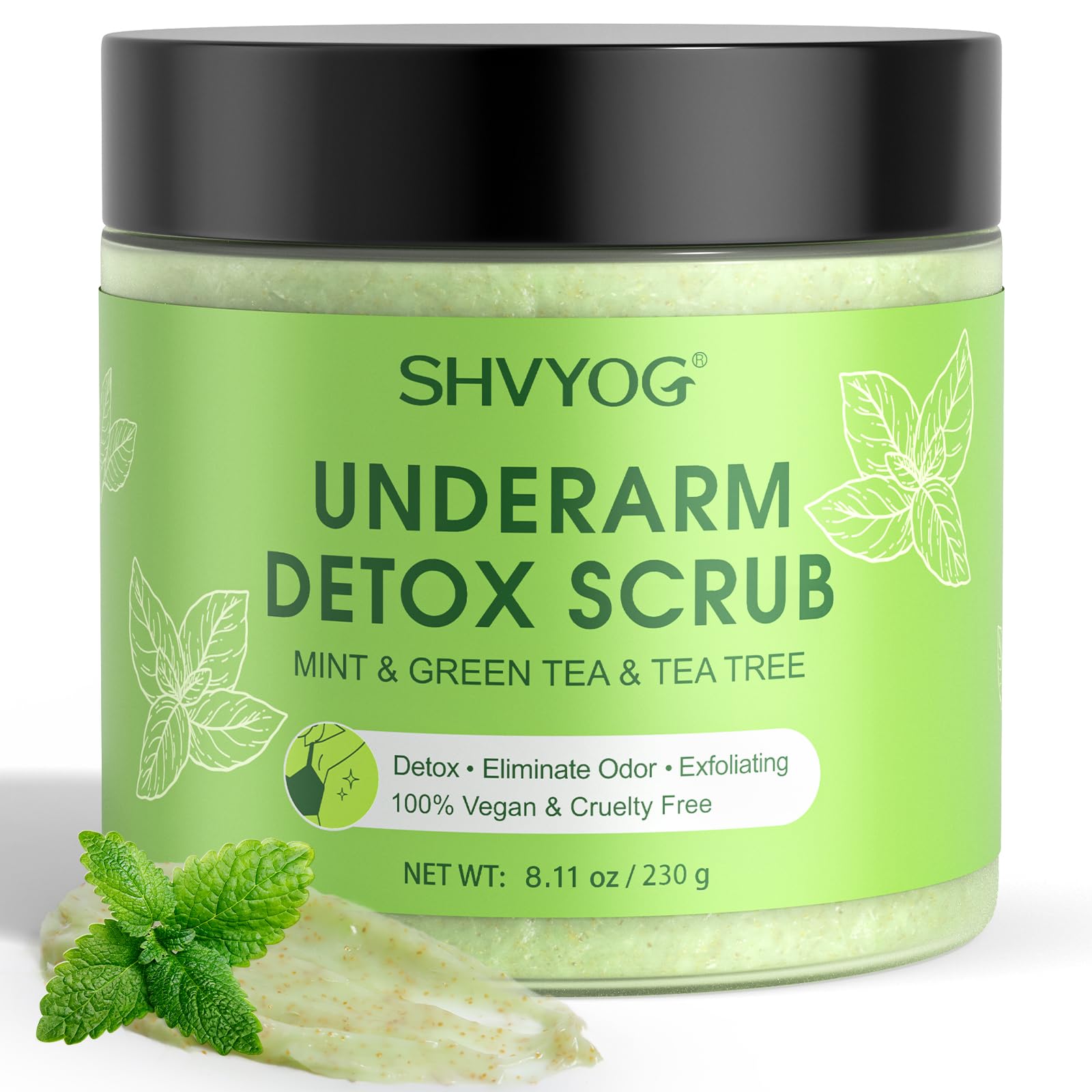 Underarm Detox Scrub, Green Tea Armpit Detox Scrub with Mint and Tea Tree, Natural Underarm Scrub for Armpit Detoxifying, Odors Eliminating, Exfoliating and Smoothing 8.11 Oz