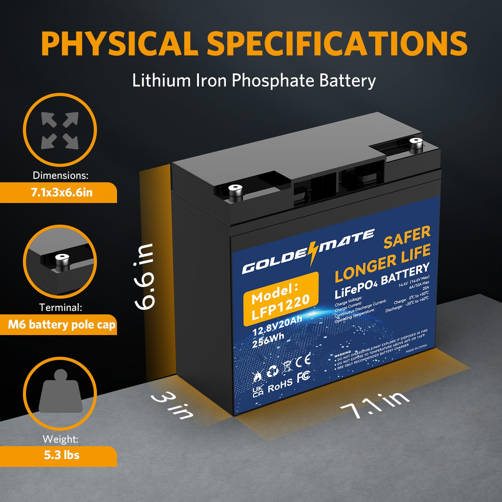 GOLDENMATE 12V 20Ah Lithium LiFePO4 Deep Cycle Battery, Rechargeable Battery Up to 2000-7000 Cycles, Built-in BMS, Lithium Iron Phosphate for Solar, Marine, Energy Storage, Off-Grid Applications