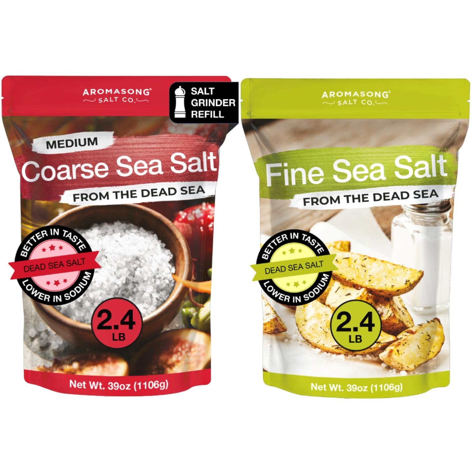 Aromasong 100% Natural Sea Salt Coarse Grain 2.43 LB with Fine Grain Sea Salt 2.43 LB from the Dead Sea, Unrefined, Gluten Free, Grinder Refill, Pure Sea Salt for Daily Cooking & Pickling Salt