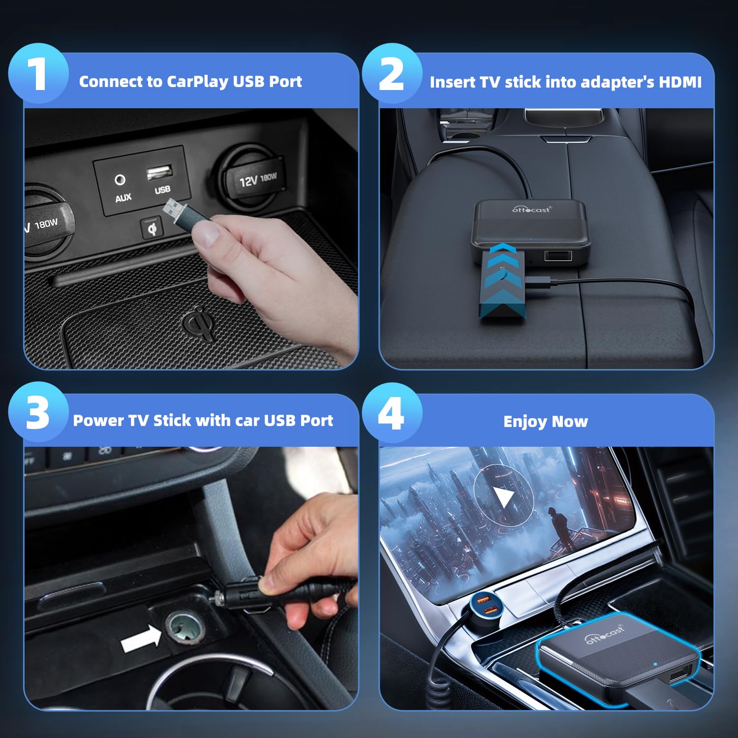 OTTOCAST Car TV Mate - Fire TV Stick Converter for Car - Plug & Play, Stable Fast, No Latency - Compatible with SetTop Box, Switch, etc - HDMI to USB Port Converter for The OEM Factory CarPlay Cars