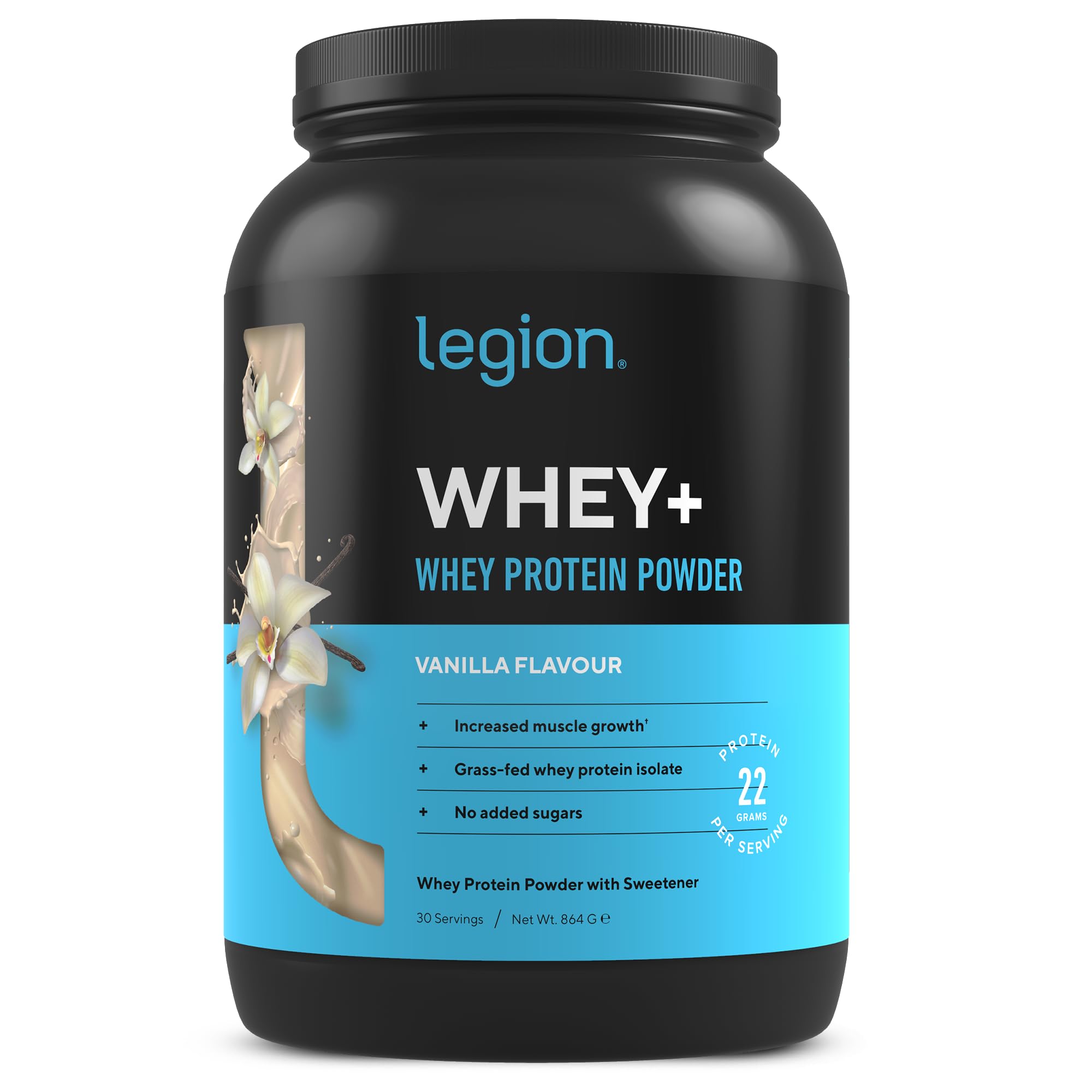 LEGION Whey+ Whey Isolate Protein Powder from Grass Fed Cows - Low Carb, Low Calorie, Non-GMO, Lactose Free, Gluten Free, Sugar Free, All Natural Whey Protein Isolate, 30 Servings (Vanilla)