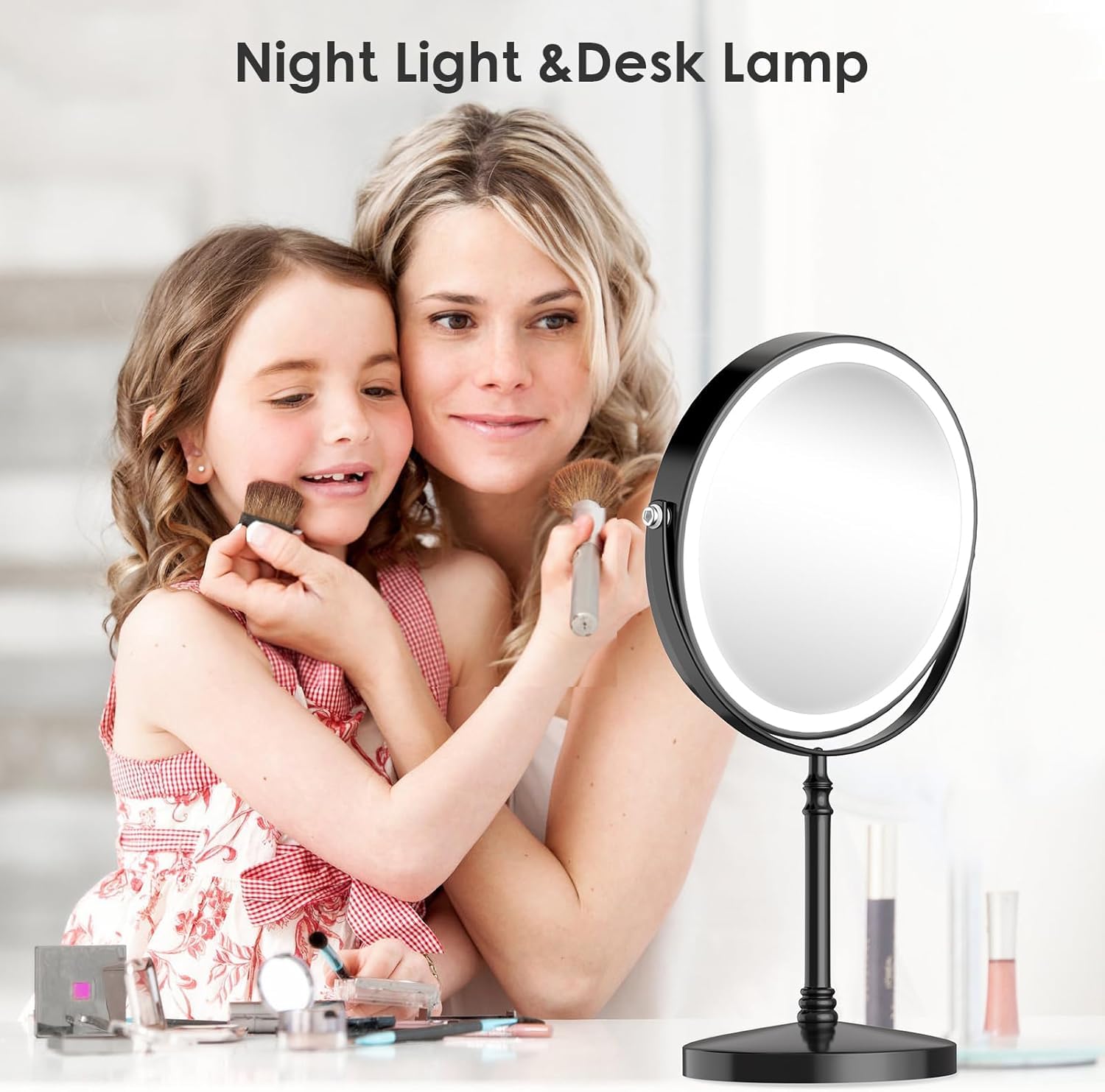 Lighted Makeup Mirror, 3000 mAh Rechargeable Double Sided Magnifying Mirror with 3 Colors, 1x/10x 360° Rotation Vanity Mirror, Brightness Adjustable Magnification Cosmetic Light up Mirror, Women Gift