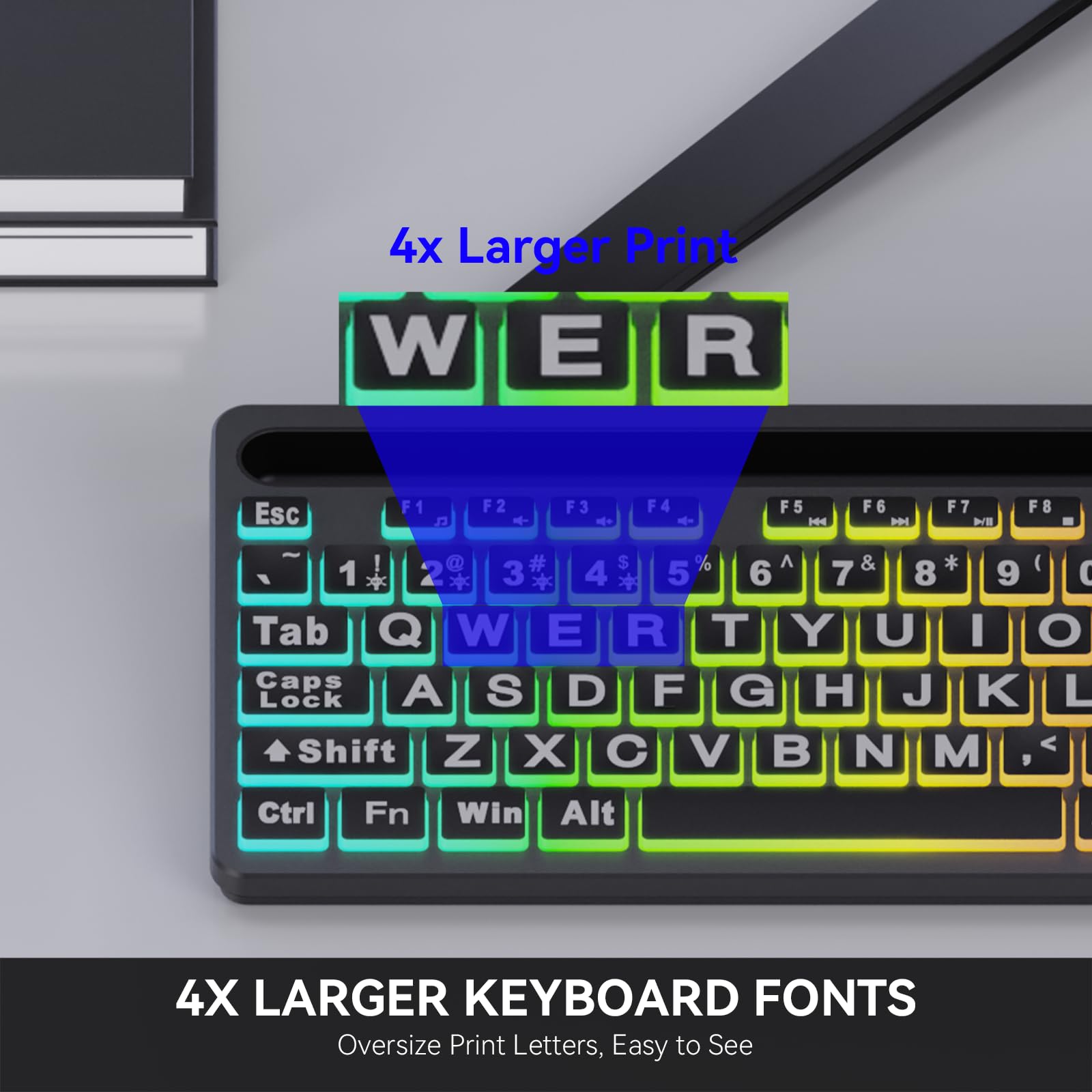 MARVO Large Print Backlit Keyboard, WK712 Wired Computer Keyboard with 7 Colors & 11 Modes Backlight, Silent Light Up Keyboard with Tablet Phone Holder, Full-Size Gaming Keyboard for Windows, Mac
