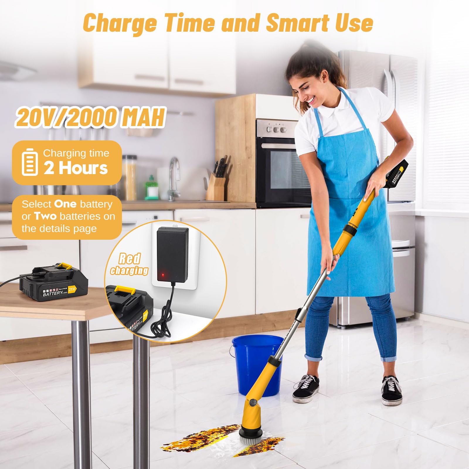 Qimedo 1200 RPM Battery Electric Spin Scrubber, Highly Powerful Cordless Cleaning Brush with Smart Display, Electric Tile Floor Scrubber with 8 Brushes, Battery Powered Shower Scrubber