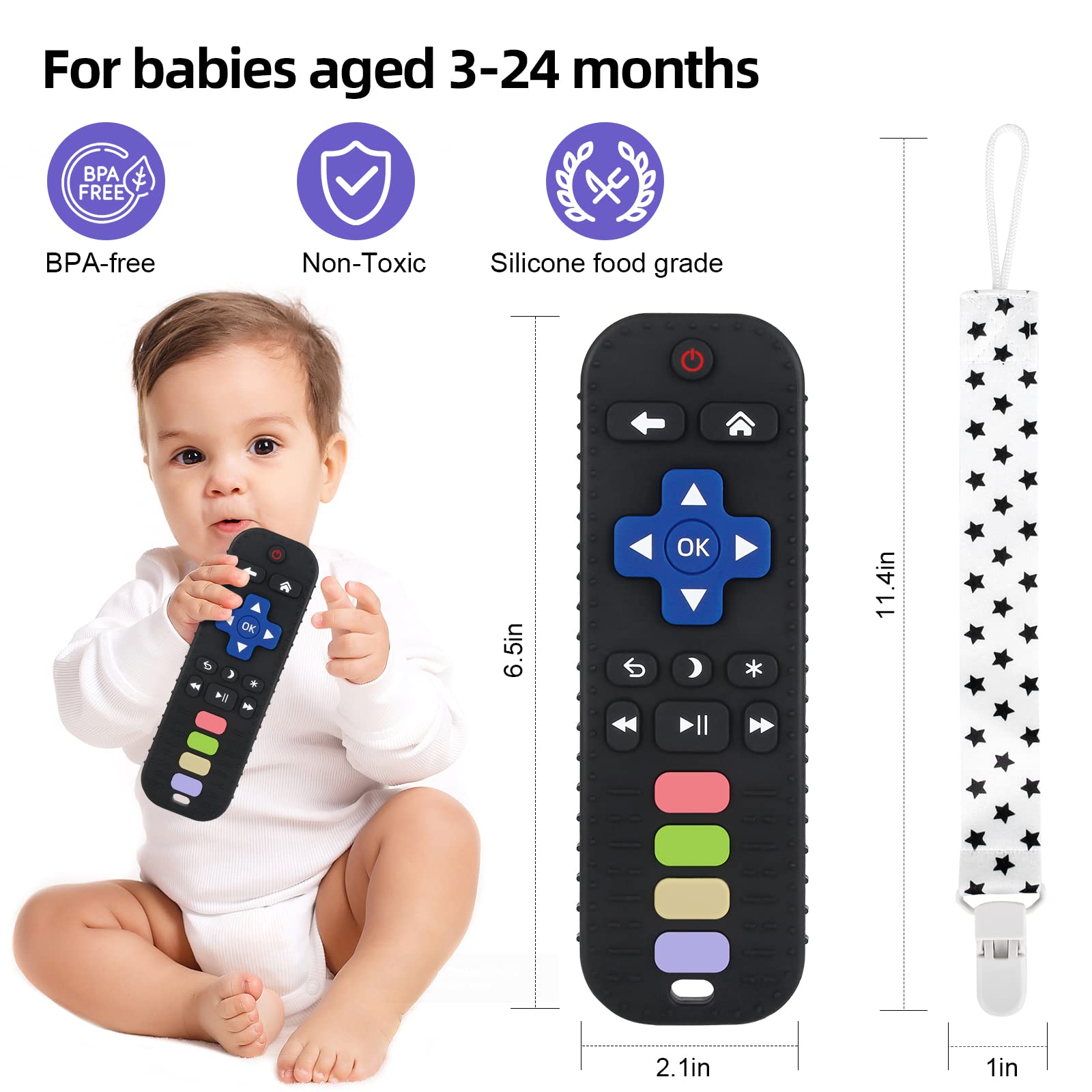 Chuya Baby Teether Toy Chew Toy for Babies 3-24 Months TV Remote Control Shape Teething Relief Baby Toys for Infants (Black)