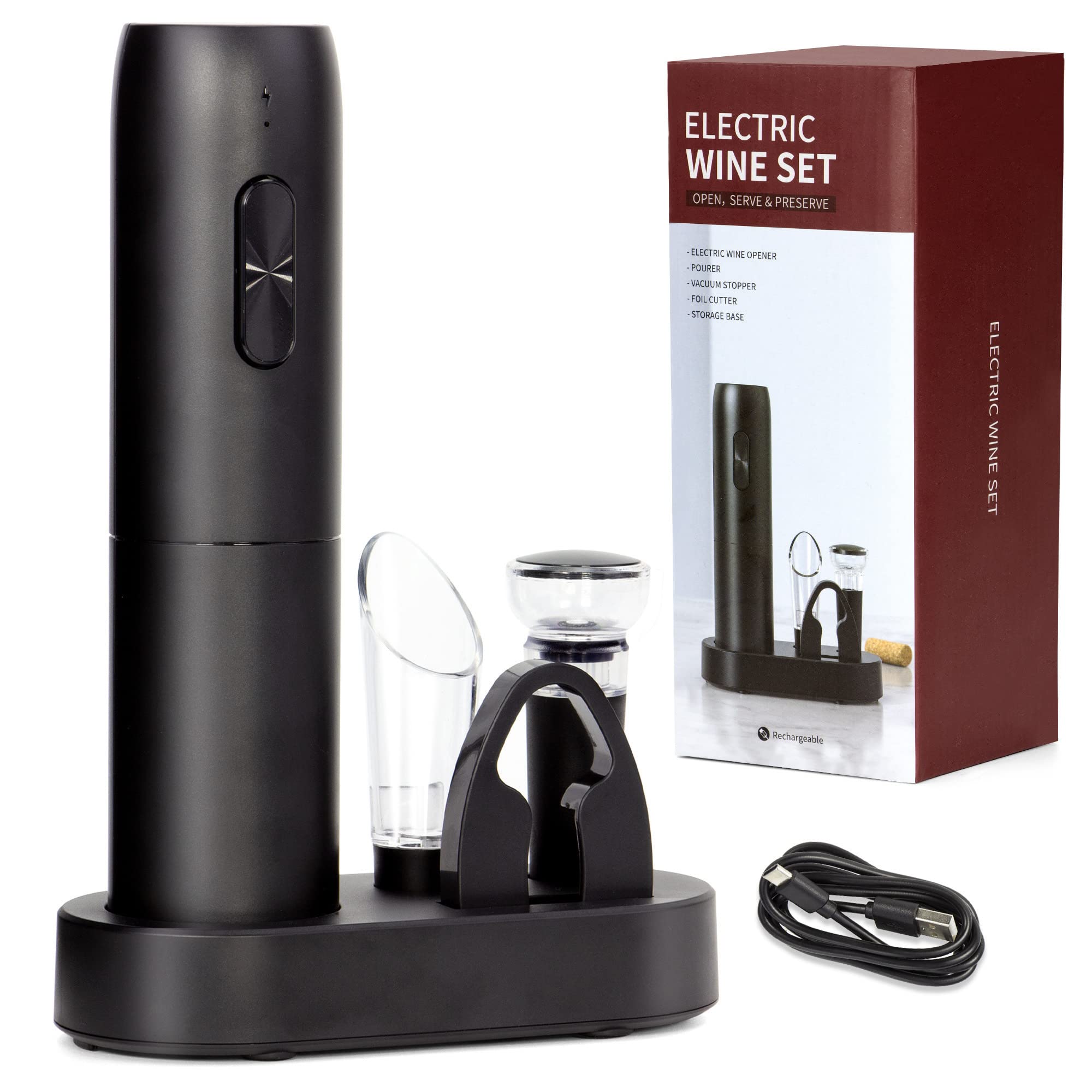 SJJEBSK Electric wine opener set,reusable opener gift set,including foil cutter,vacuum wine stopper,Portable Corkscrew with Pour,Automatic Wine Bottle Opener Set with 5-in-1 charging base,black