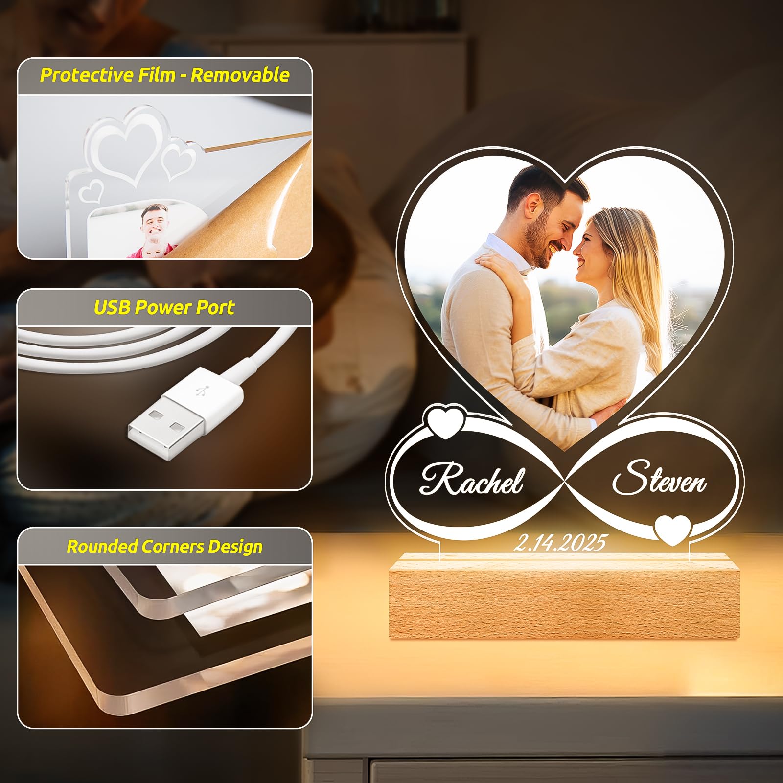 Personalized Anniversary Couple Gifts for Women and Men, Customized Heart Photo Frame, Custom Picture Frames with Night Light, Personalized Valentines Day Gifts for Her Him Girlfriend Boyfriend