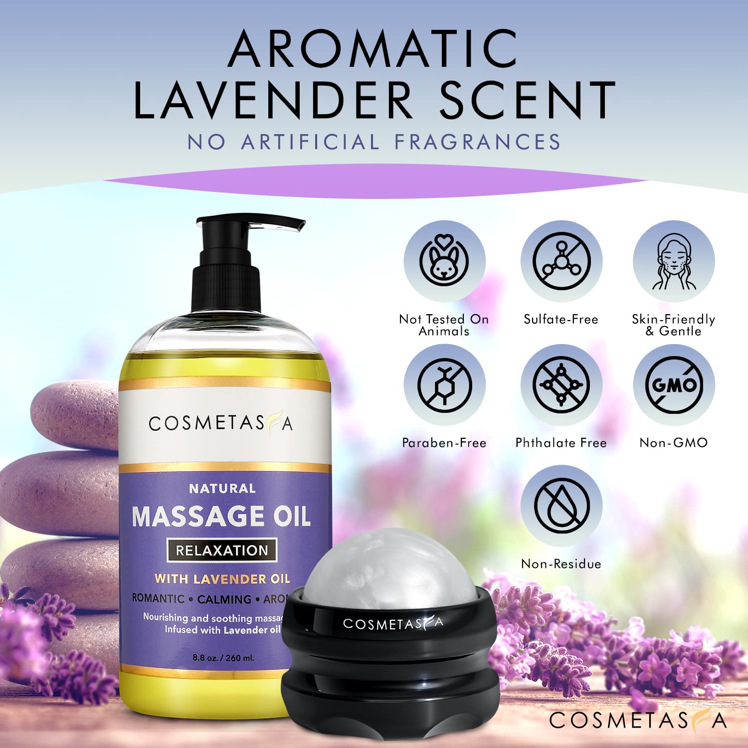 Lavender Relaxation Massage Oil with Massage Roller Ball - No Stain 100% Natural Blend of Spa Quality Oils for Calming, Aromatic, Soothing Massage Therapy, Mothers Day Gifts