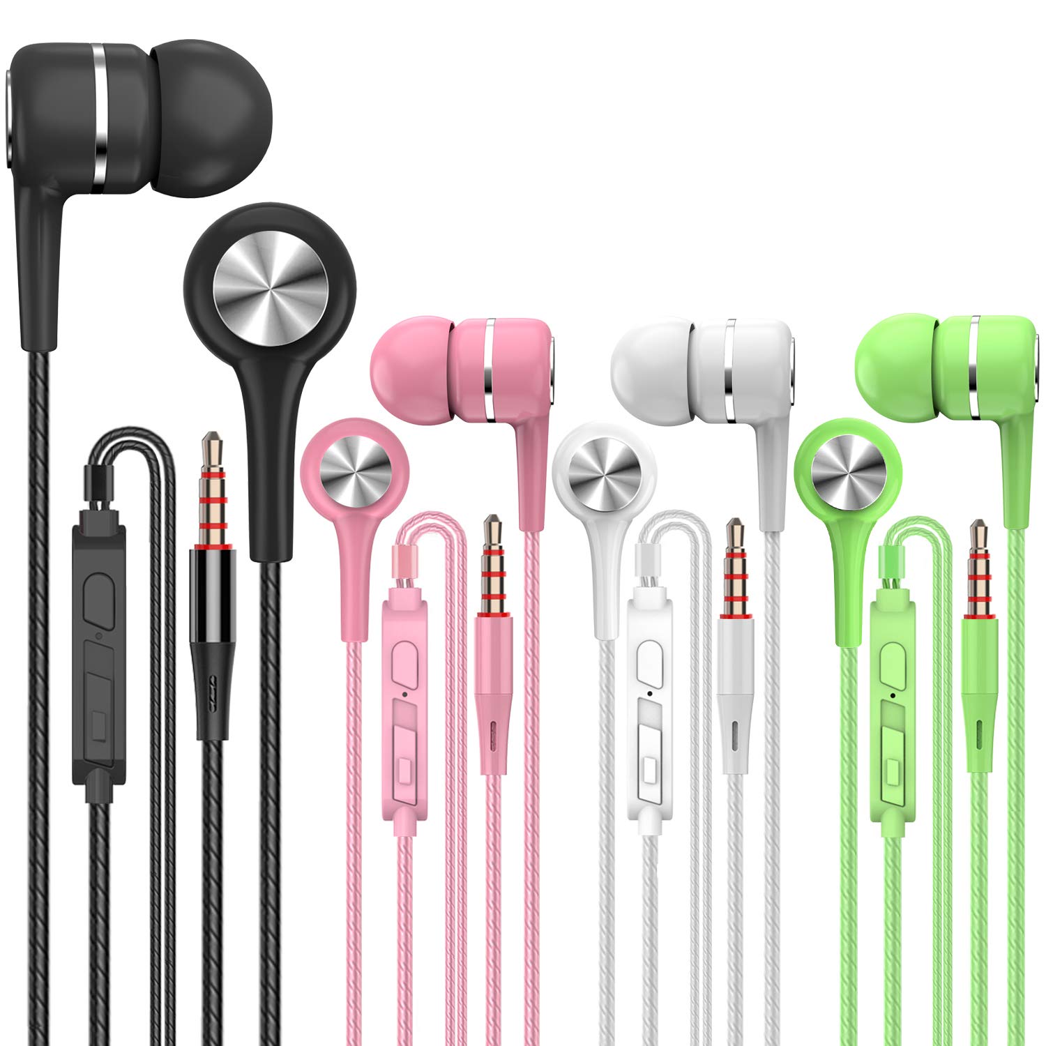 YNR 4 Pairs Wired Earbuds with Microphone & Volume Control, in Ear Earphones for School, Noise Islating High Definition, for 3.5mm Jack iPhone iPad iPod Samsung Google Devices (A12-4)