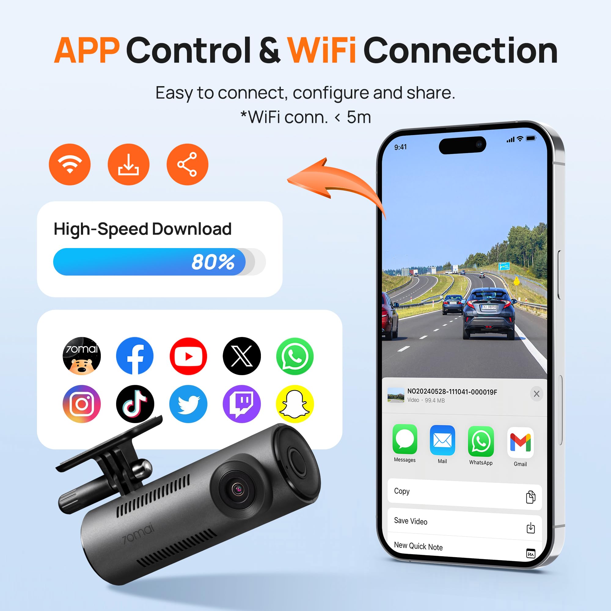 70mai Dash Cam M310, 1296P QHD, Built in WiFi Smart Dash Camera for Cars, 130° Wide-Angle FOV, WDR, Night Vision, iOS/Android Mobile App, Loop Recording, Parking Monitor, Time-Lapse