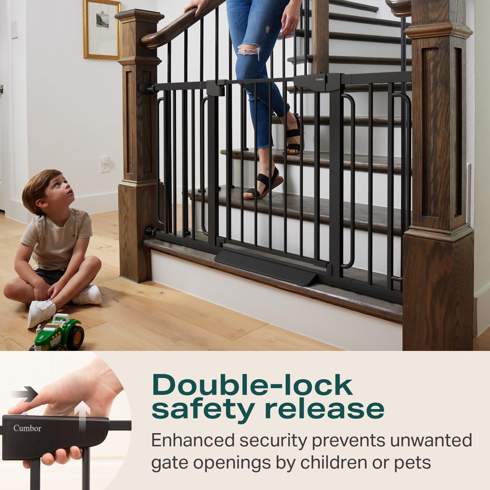 Cumbor 29.7-57" Extra Wide Baby Gate for Stairs, Mom's Choice Awards Winner-Dog Gate for Doorways, Pressure Mounted Walk Through Safety Child Gate for Kids Toddler, Tall Pet Puppy Fence Gate, Black