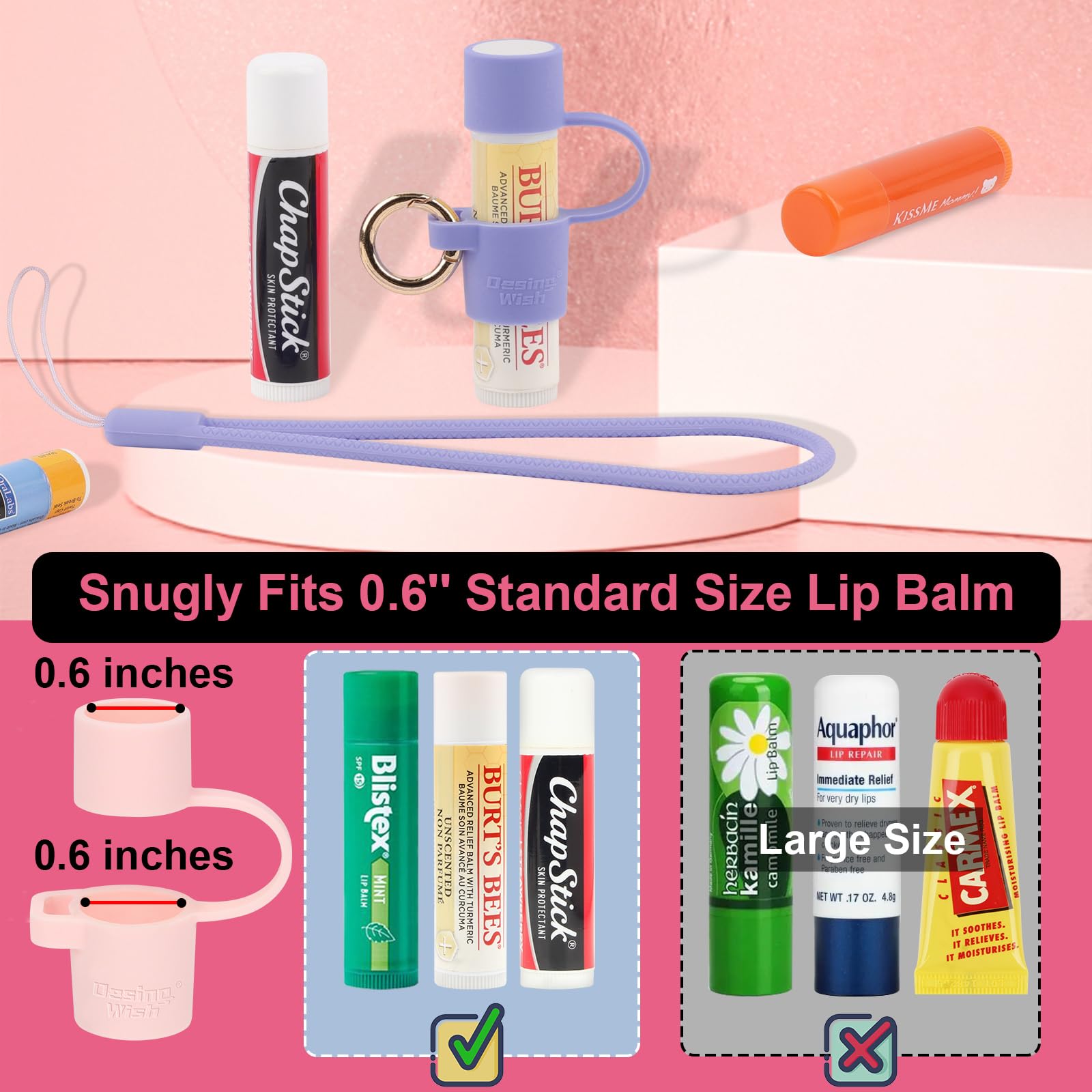 Desing Wish Silicone Chapstick Holder with Cap Cover, 0.6'' Diameter Portable Lip Balm Holder Key Chain Sleeve Chapstick Keychain Holder with Wrist Strap Lanyard - Purple