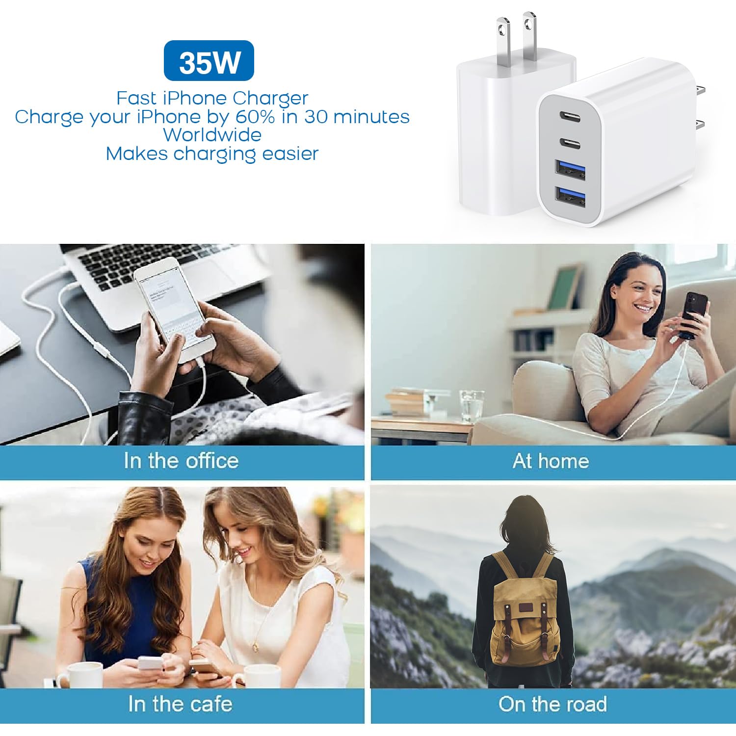 35W Apple iPhone 16 Pro Adapter,3Pack 4-Port Quick Charger Block USB C MultiPort PD Plug Adapter+QC Double Type C Adapter Fast Charging for iPhone 16/16 Pro/15/15 Pro/14/13/12/11 Pro Max/XR/X/8/7/iPad