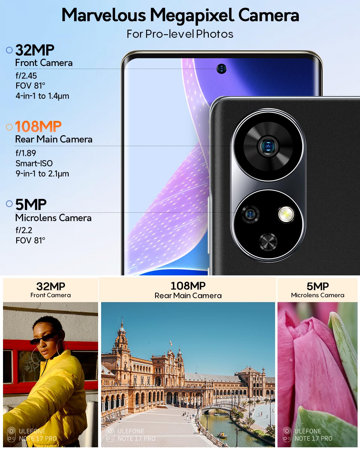 Ulefone Note 17 Pro Unlocked Cell Phone, 6.78" FHD+ AMOLED Curved 120Hz Screen, 108MP Rear Camera + 32MP Front Camera, MTK Helio G99 24GB+256GB, Android 13 OS, 5050mAh Smartphone, Global Version-Black