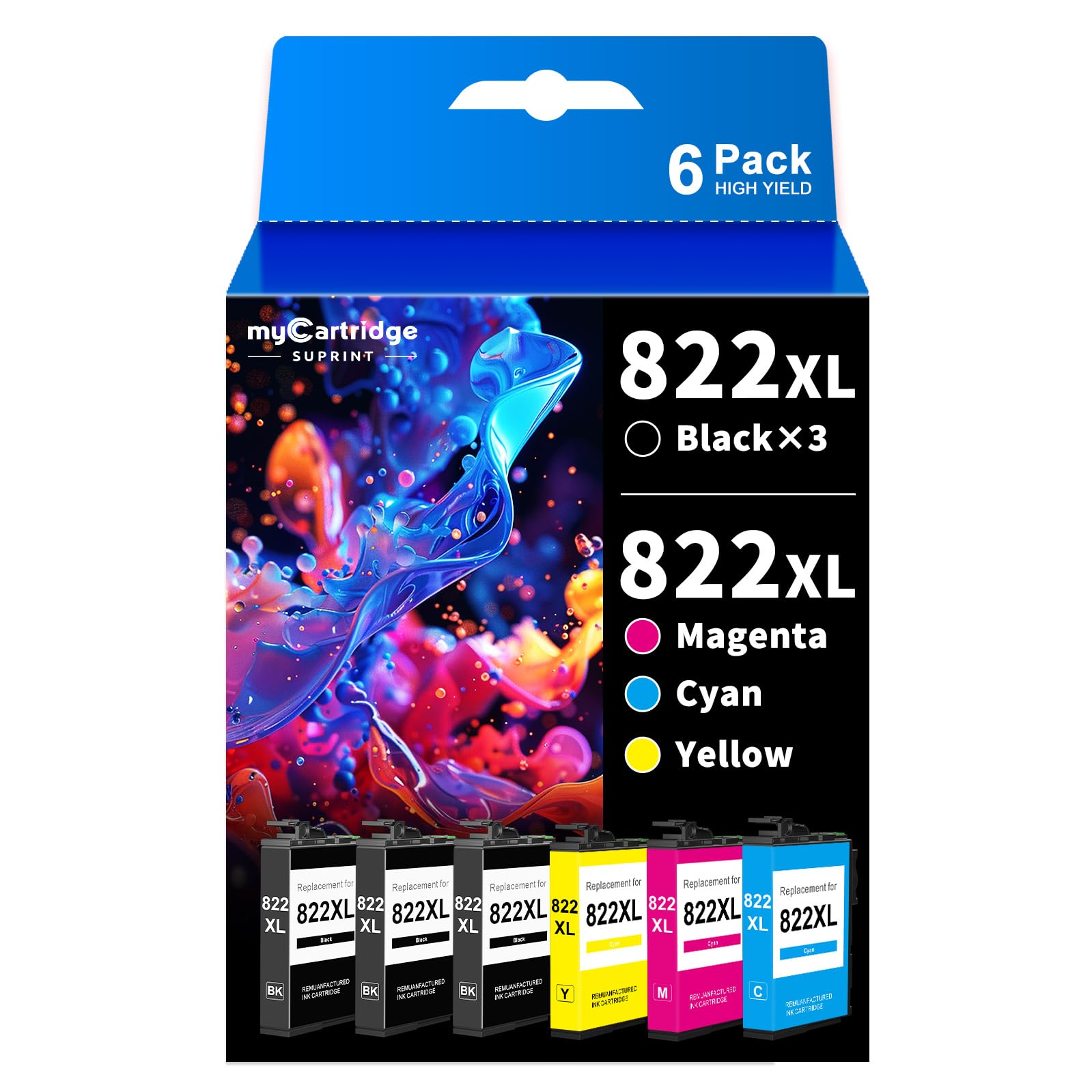 myCartridge SUPRINT Remanufactured Ink Cartridge Replacement for Epson 822XL Ink Cartridges Workforce Pro WF-4820 WF-4830 WF-3820 WF-3823 WF-4833 WF-4834 Printer 6 Pack 822