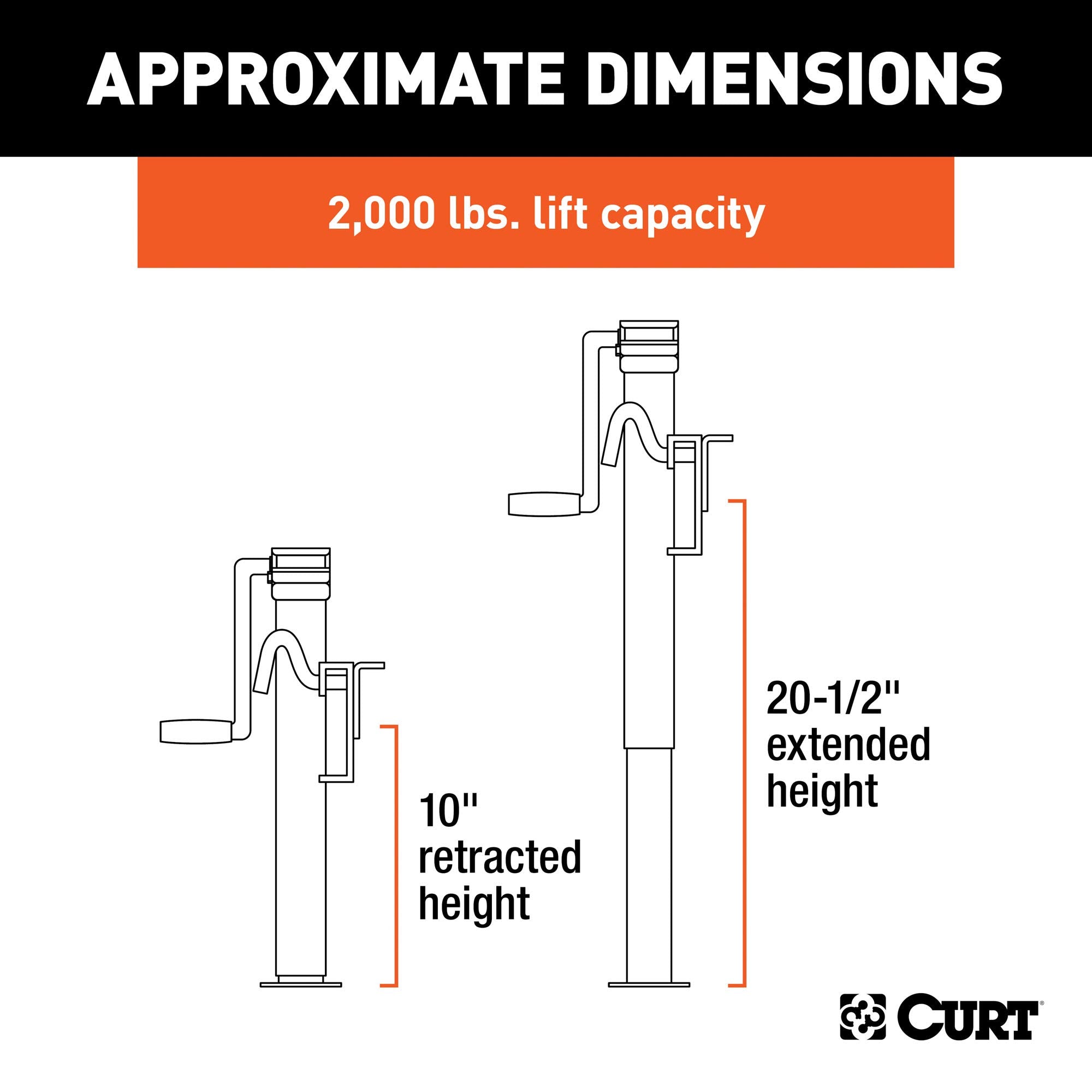 CURT 28302 Weld-On Bracket-Style Swivel Trailer Jack, 2,000 lbs. 10 Inches Vertical Travel