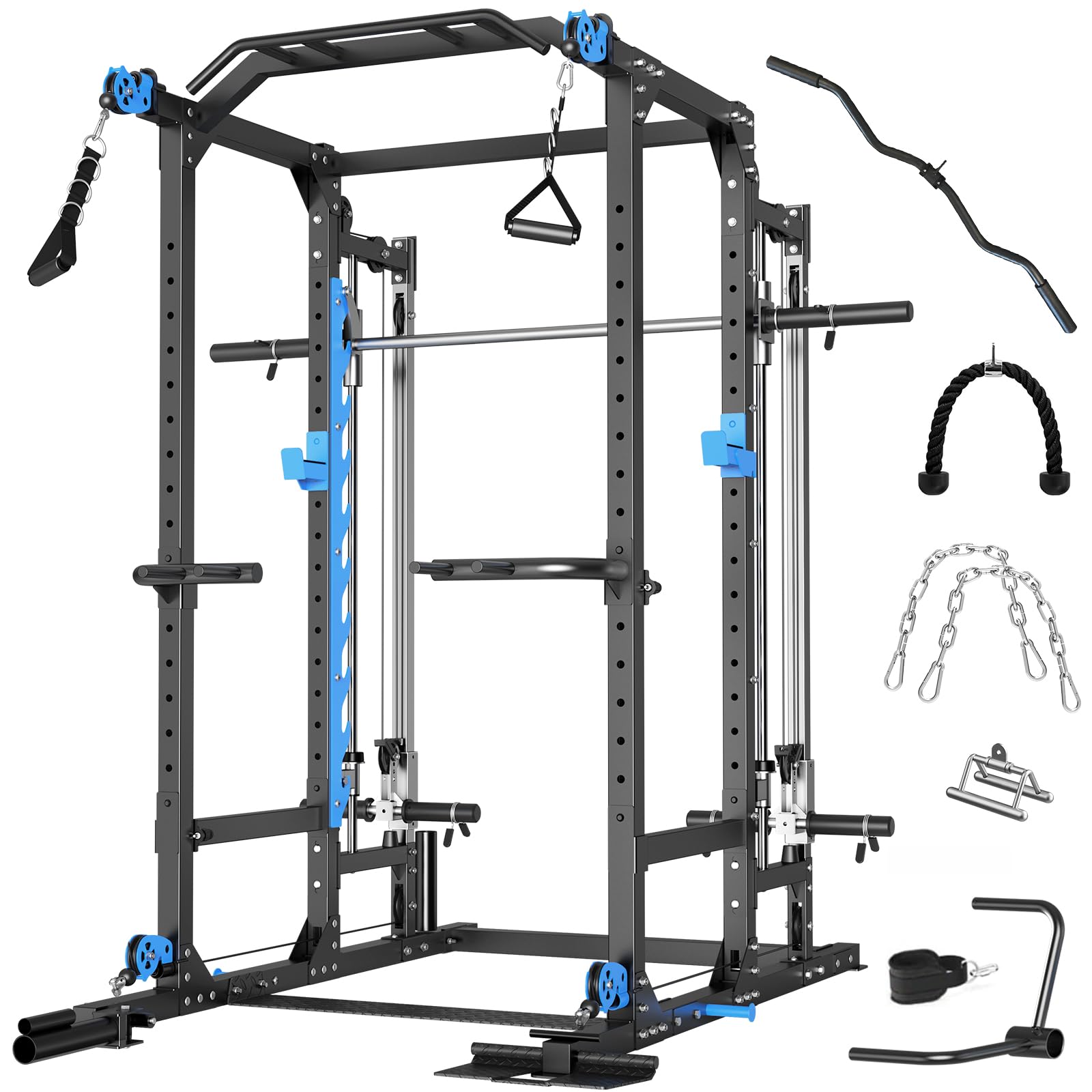 Multifunctional Power Cage Rack with Cable Crossover/Smith Machine System, LAT-Pull Down System,Squat Rack and More Training Attachments for Home Gym
