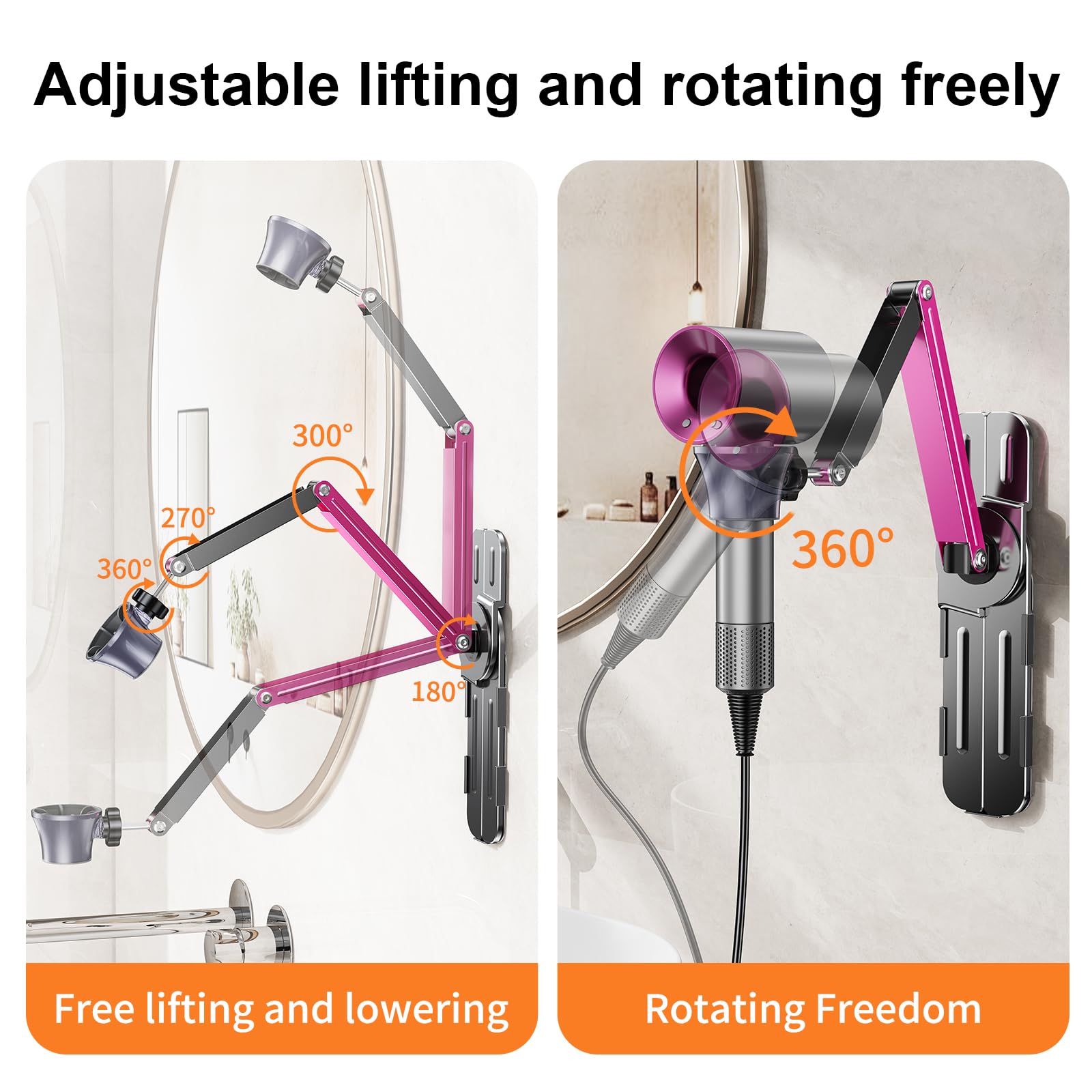 Blissfuhue Adjustable blow dryer holder wall mounted storage，Hands-Free bathroom blow dryer holder，height angle，metal material Compatible with 90% hair dryer hanger, suitable for countertop use