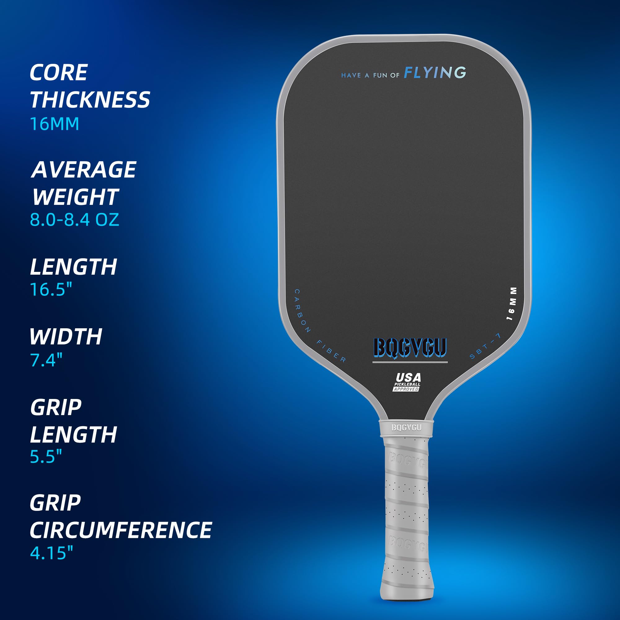 BQGVGU Pickleball Paddles, Carbon Fiber Raw Toray T700 with 16 mm Polypropylene Honeycomb Core,Perfect for Control&Spin, USAPA Approved