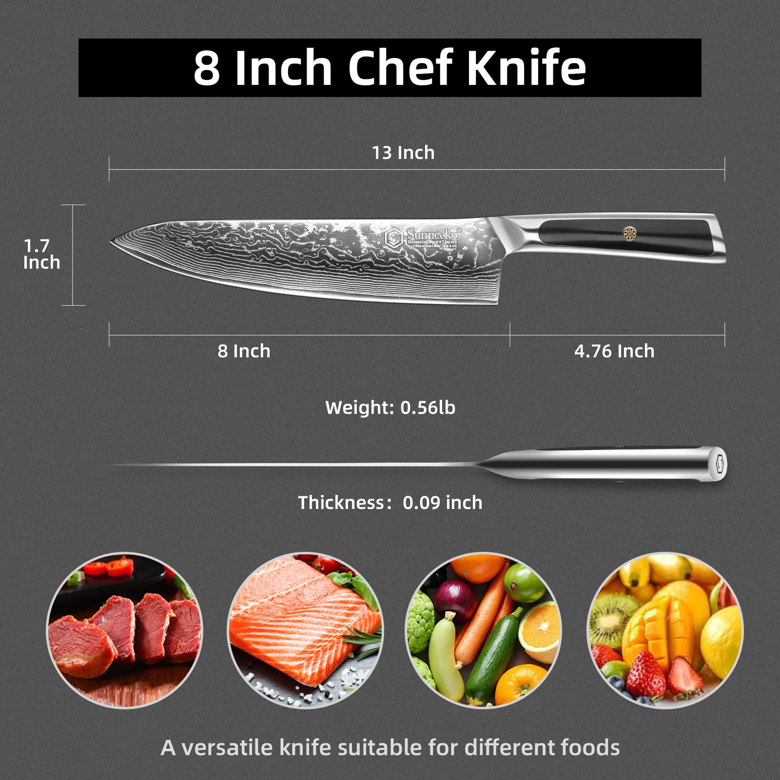 Sunnecko Chef Knife 8 Inch, Damascus Kitchen Knife Japanese Chefs Knife Vg10 High Carbon Stainless Steel