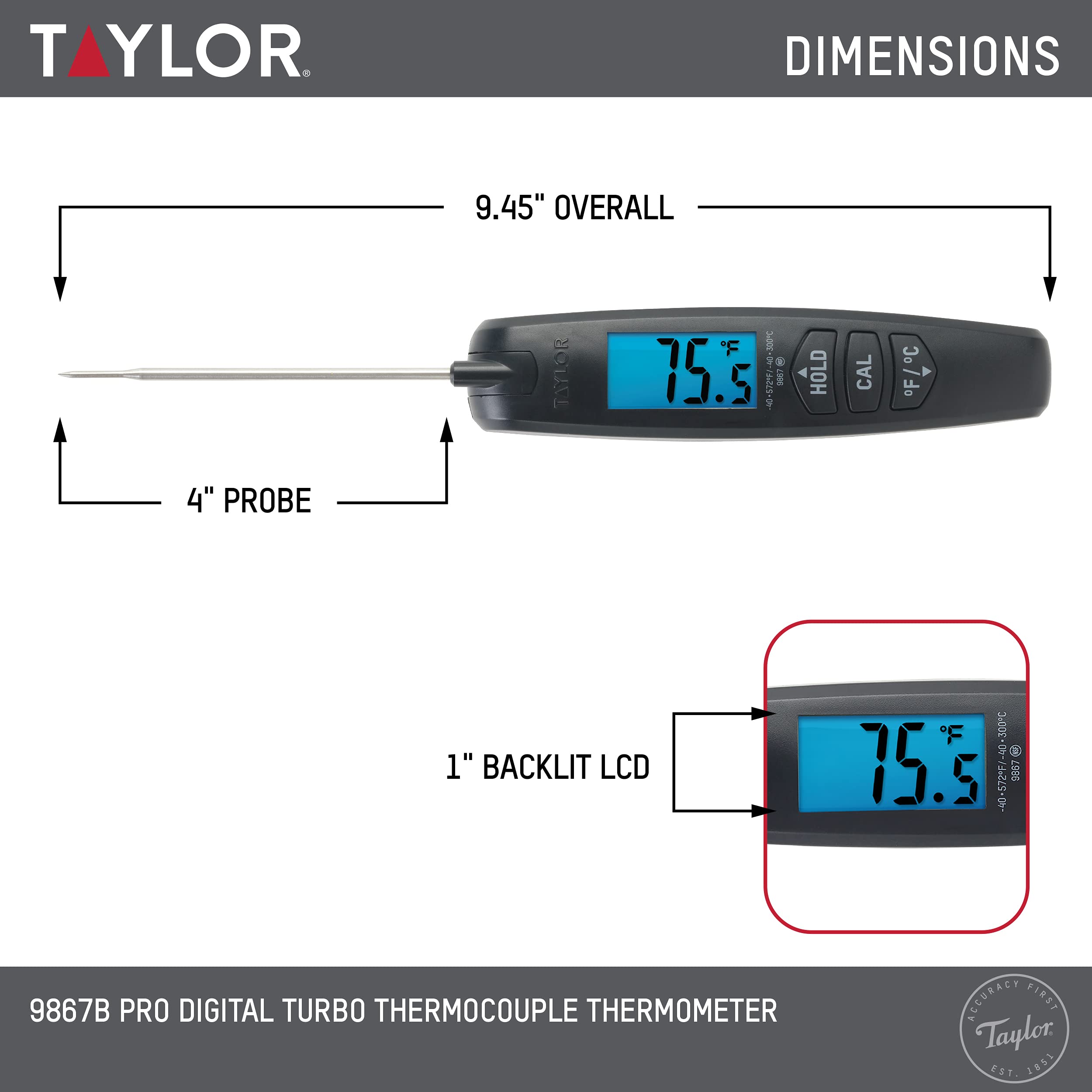 Taylor Digital Turbo Instant Read Thermocouple Meat Food Grill BBQ Cooking Kitchen Thermometer, Folding Probe, Black