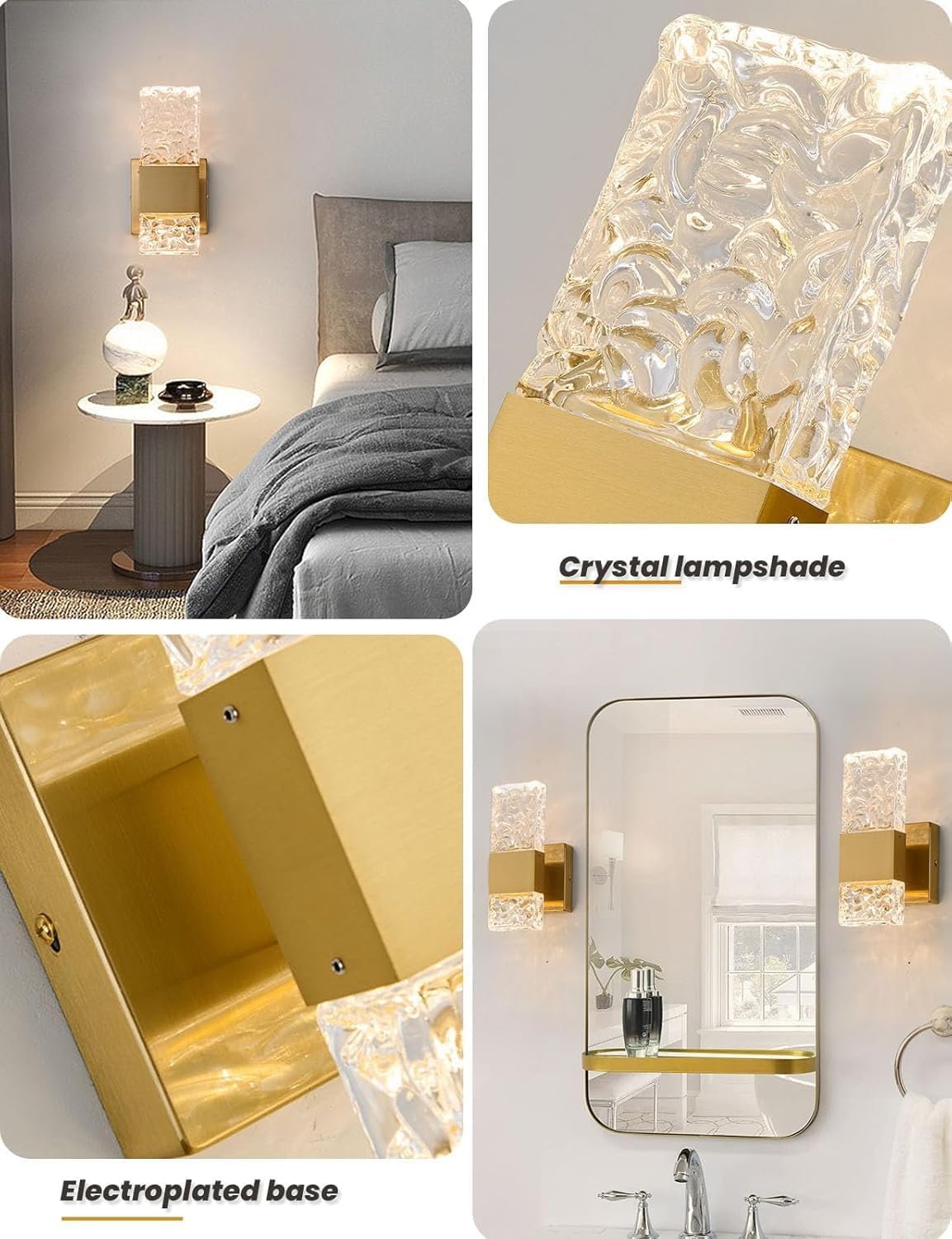 OYLYW Gold Dimmable Crystal Wall Sconces Set of Two Modern Bathroom Vanity Light Fixtures Warm White 3500K Dimmable LED Wall Mounted Sconces for Bathroom Hallway Living Room（2 Pack）