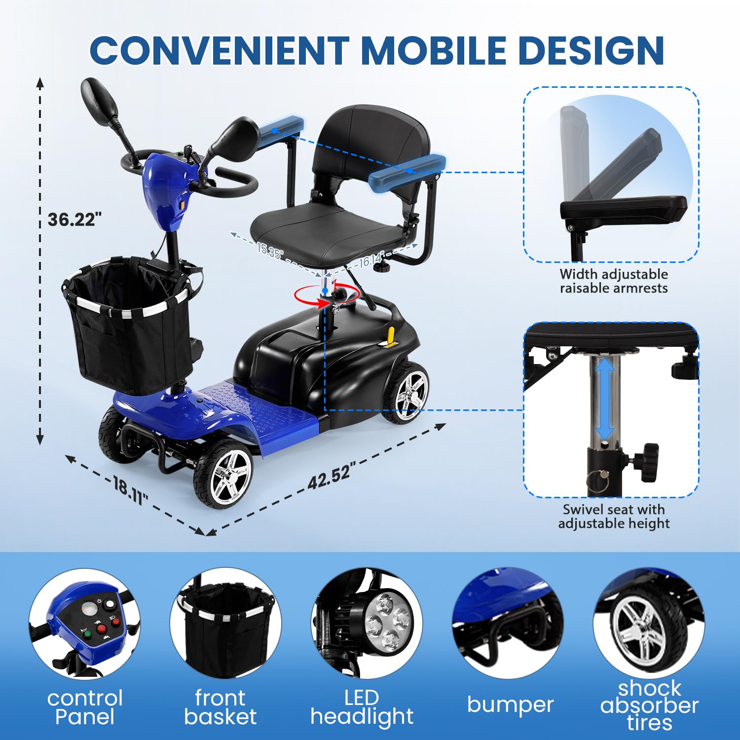 [2026 Upgrade] Aolebor 30 Miles 4 Wheel Mobility Scooter for Seniors & Adults, 350W Powered Wheelchair with Rotating Seat, Foldable Motorized Scooter with USB Port, Removable Basket, Supports 300 lbs