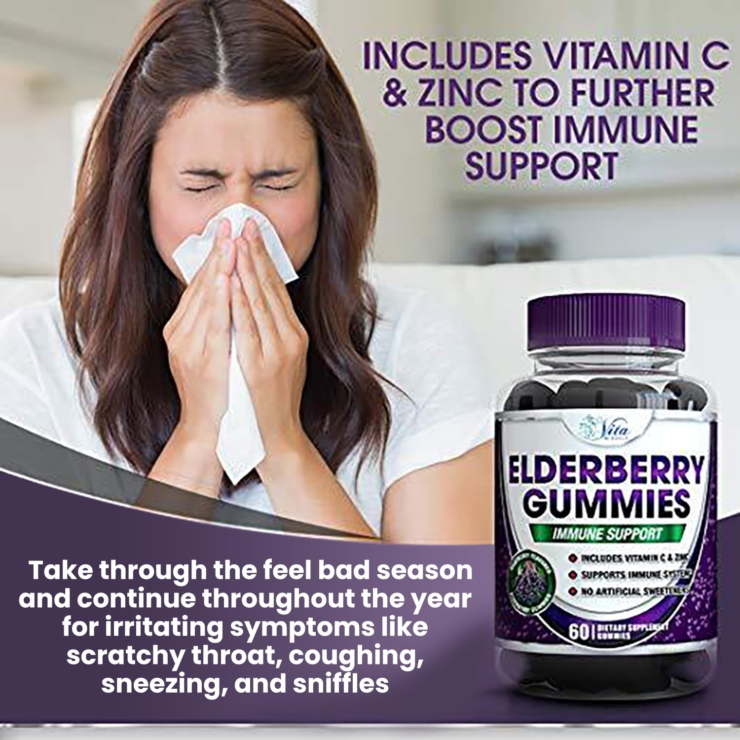 Sambucus Elderberry Gummies for Adults & Kids with Vitamin C and Zinc High Potency Daily Immune Support Gummy Gluten Free Vegan Non-GMO All Natural 60 Count